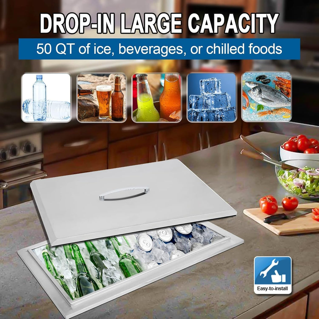 Drop in Ice Chest, Outdoor Kitchen Ice Bar Stainless Steel Ice Cooler, Commercial Ice Bin with Hinged Cover, Ice Bucket, for Cold Wine Beer