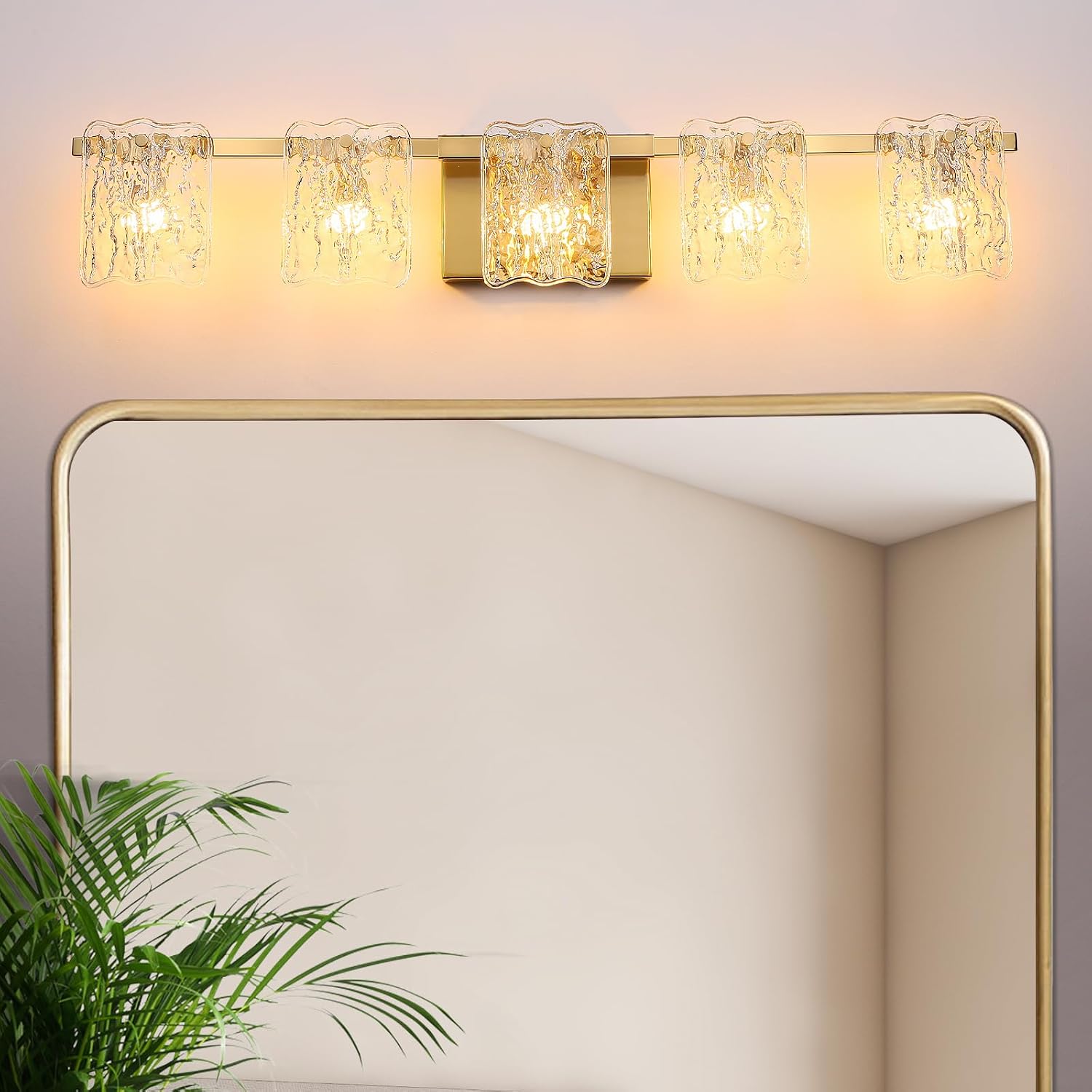 5-Light Bathroom Vanity Lights, 31' Brushed Gold Bathroom Light Fixtures Over Mirror with Clear Glass, Modern Bath Wall Sconce Lighting for Bath Restroom, OS-MM5002-5BG