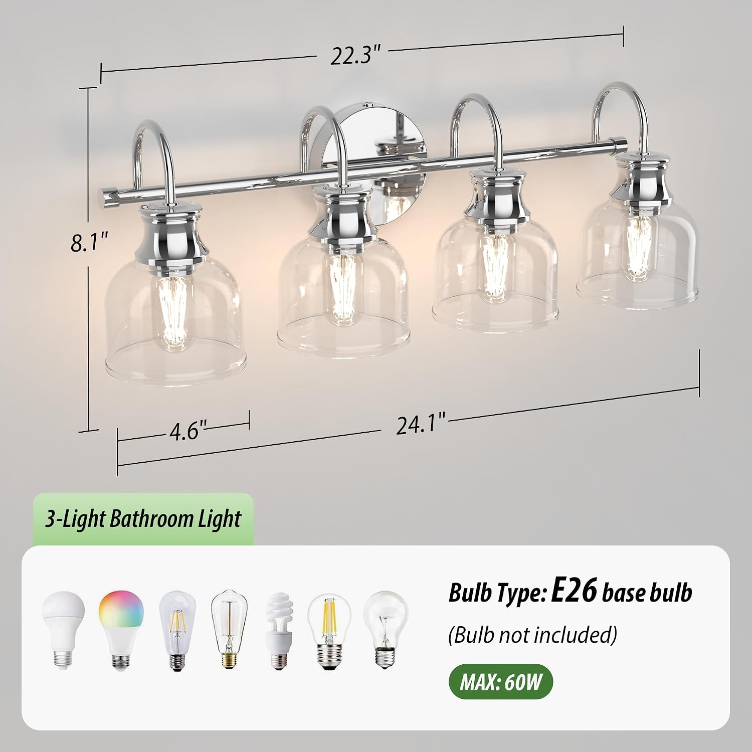 4 Lights Bathroom Vanity Light Fixtures, Chrome Traditional Classic Vanity Light with Clear Glass, Bathroom Lighting Fixtures Over Mirror