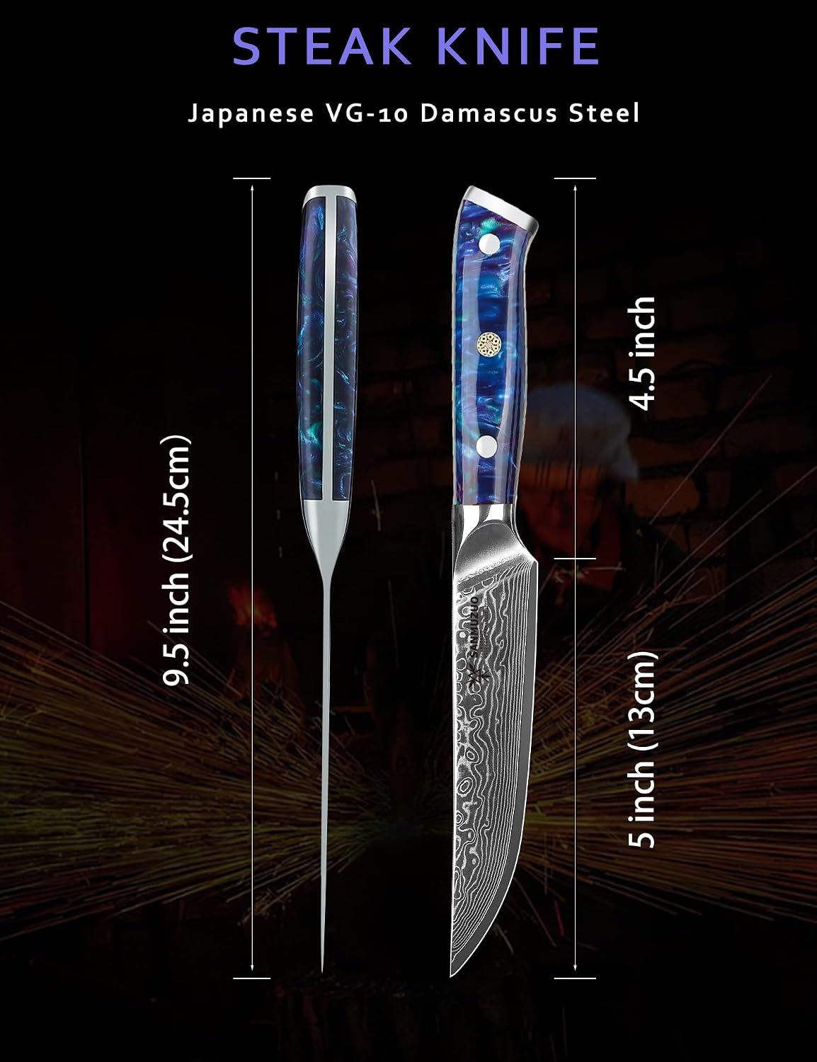 Steak Knives Set of 4, Ultra Sharp Non Serrated Kitchen Steak Knife 5 Inch - Damascus Steel & Resin Handle - Xuan Series (Sapphire Blue)