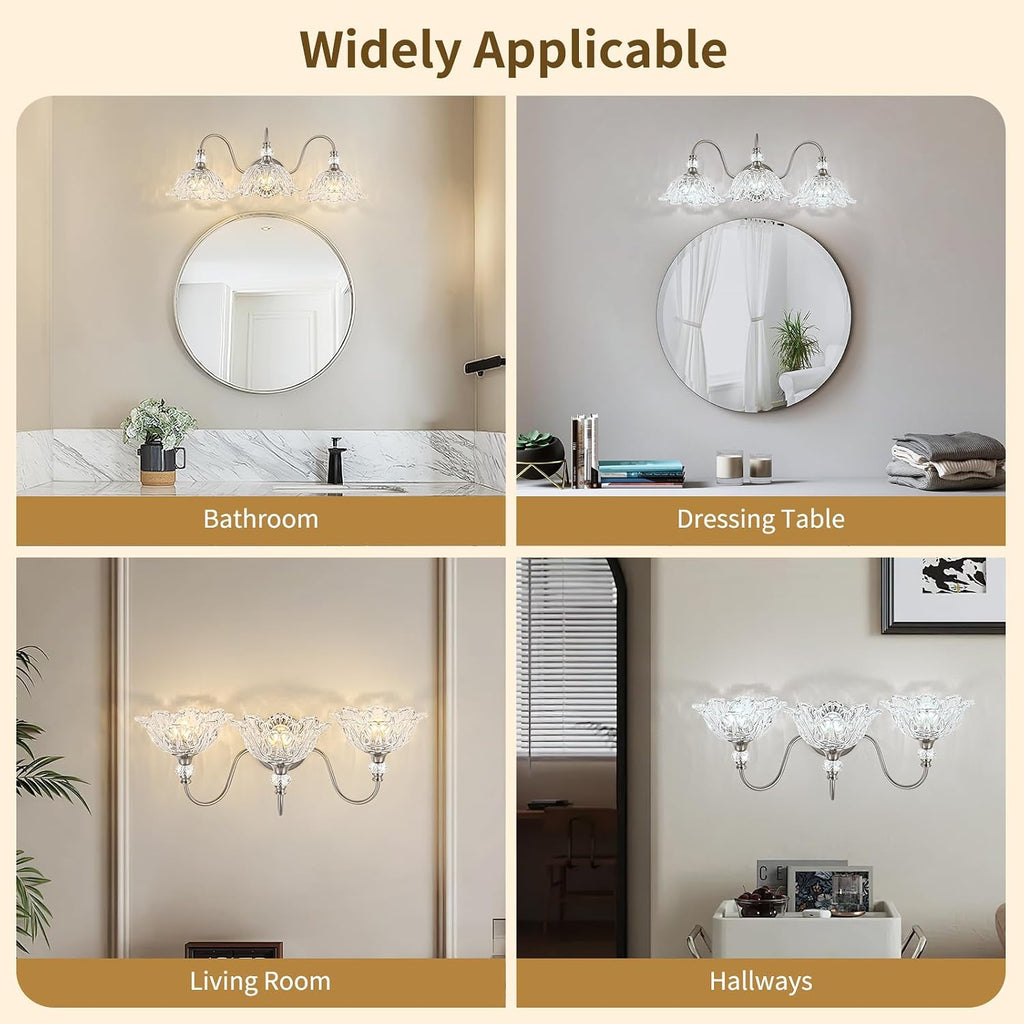 Brushed Nickel 3-Light Bathroom Vanity Light with Floral Clear Glass Shades, Brushed Nickel Wall Mount Lighting for Bathroom, Dressing Table