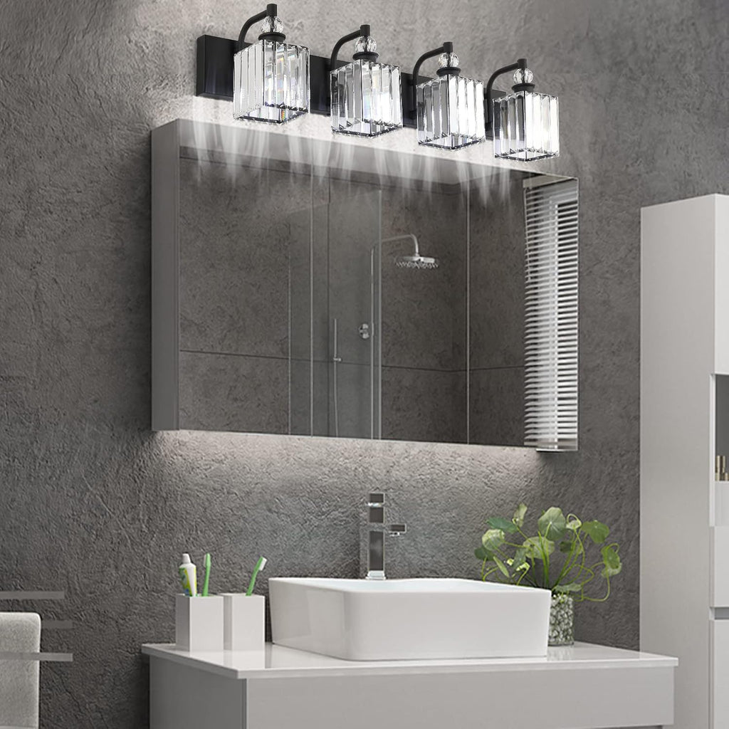 Ralbay Black Crystal Vanity Light 4 Light 31.5''Modern Matte Black Bathroom Wall Light Fixtures Over Mirror Bathroom Vanity Lights