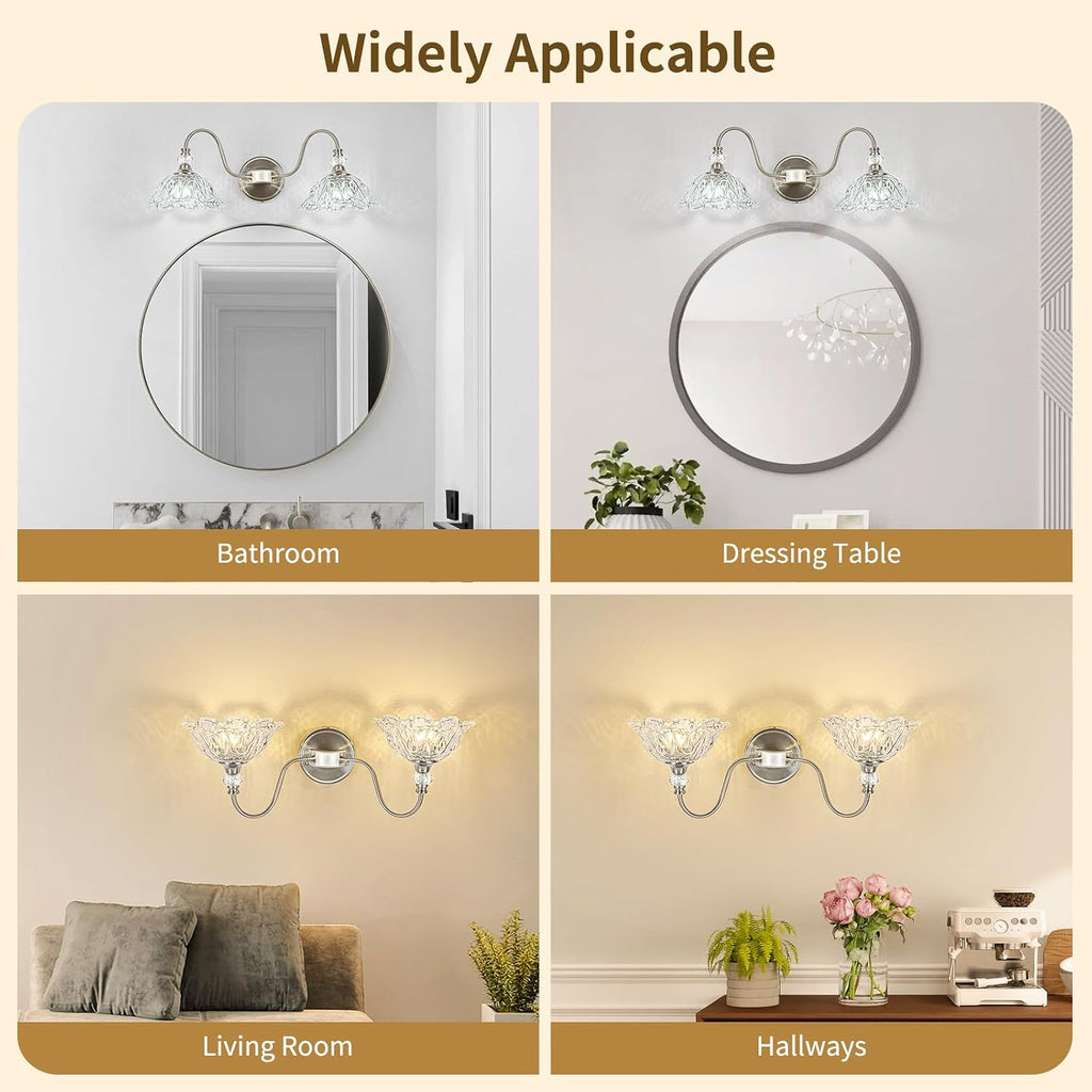 Brushed Nickel Bathroom Vanity Light, 2-Light Vanity Light with Floral Clear Glass Shades, Nickel Wall Mount Lighting for Bathroom, Dressing Table