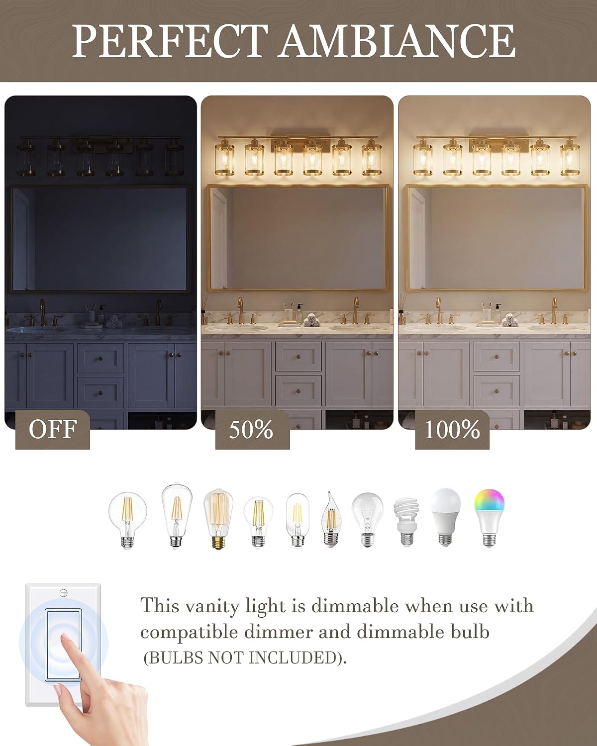 6-Light Brushed Gold Bathroom Light Fixtures Over Mirror with Clear Glass and Metal Cage Shade, 42' UL-Listed Modern Farmhouse Wall Sconce for Bath, Hardwire E26, OS-3014BG-6W