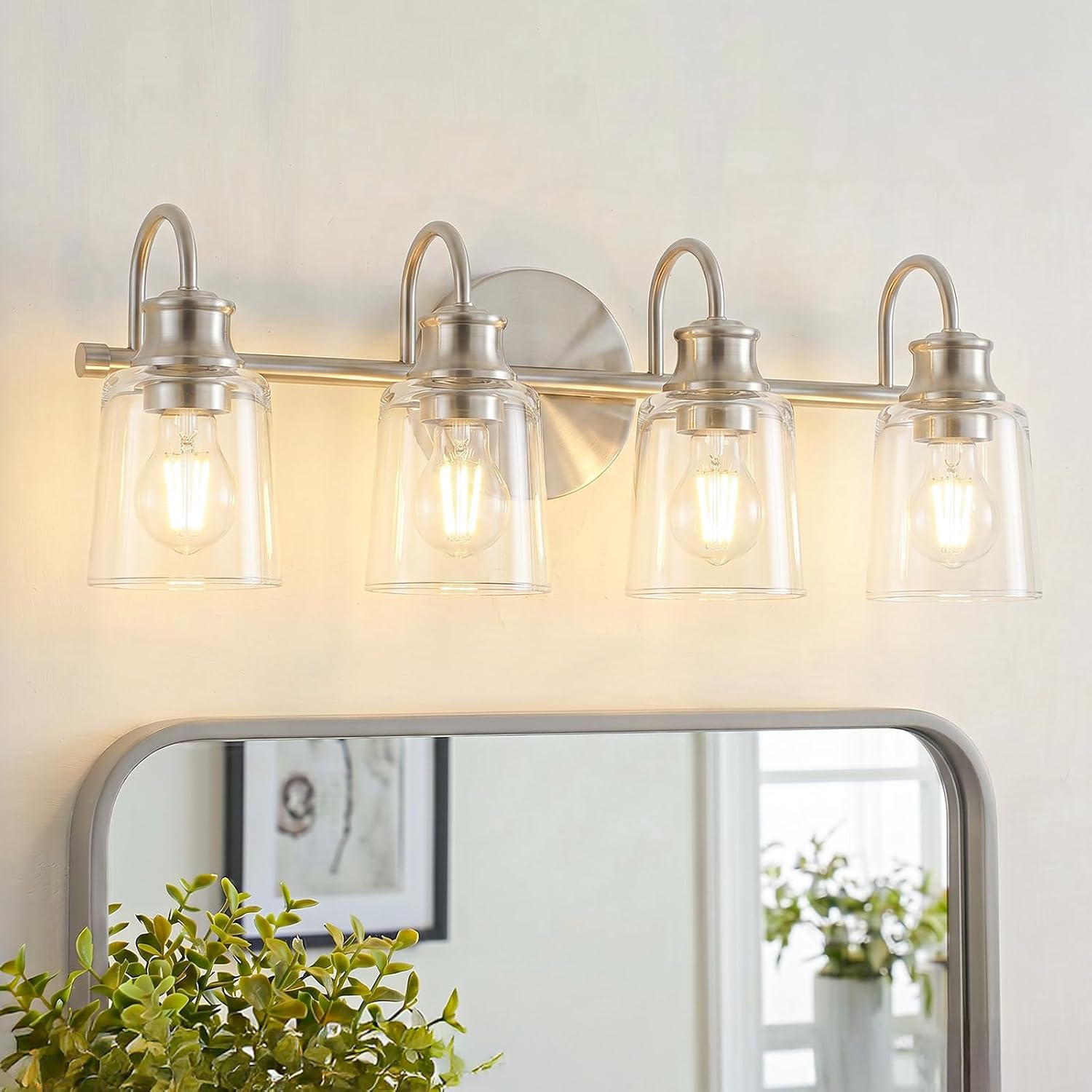 4 Lights Bathroom Light Fixtures Modern Brushed Nickel Vanity Lights for Bathroom Lighting Fixtures Over Mirror with Clear Glass Shade for Cabinet Mirror Bedroom Hallway