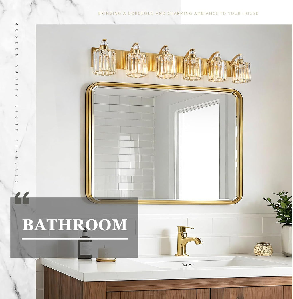 6-Lights Brushed Brass Bathroom Light Fixture Gold Vanity Lights Modern Crystal Bathroom Vanity Lighting Over Mirror Wall Sconce with K9 Crystal Shade E26 Base for Living Room, Bedroom Wall Lamp