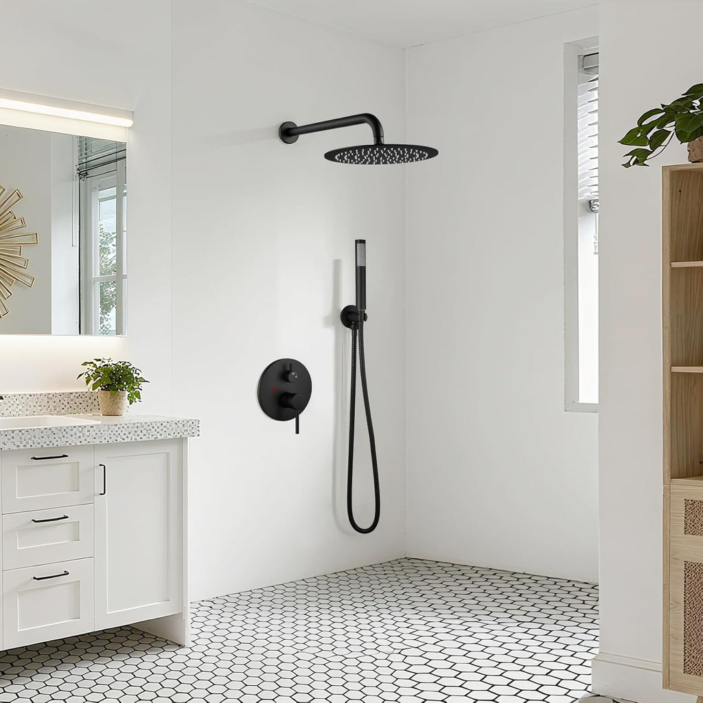 gotonovo Shower System 10 Inch Round Rainfall Showerhead Wall Mounted High Pressure Shower Faucet Set Fixture Combo with Rough in Valve and Cylindrical Handheld Spray, Matte Black