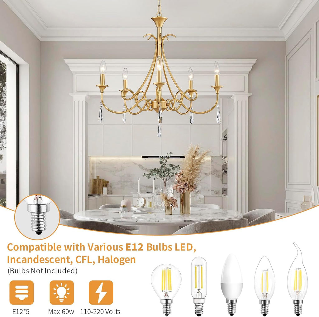 5-Light Farmhouse Chandeliers for Dining Room Lighting Fixtures Hanging, Rustic Gold Candle Modern Chandelier Vintage Hanging Ceiling Lamp for Bedroom Kitchen Island Living Room Entryway Foyer, Gold