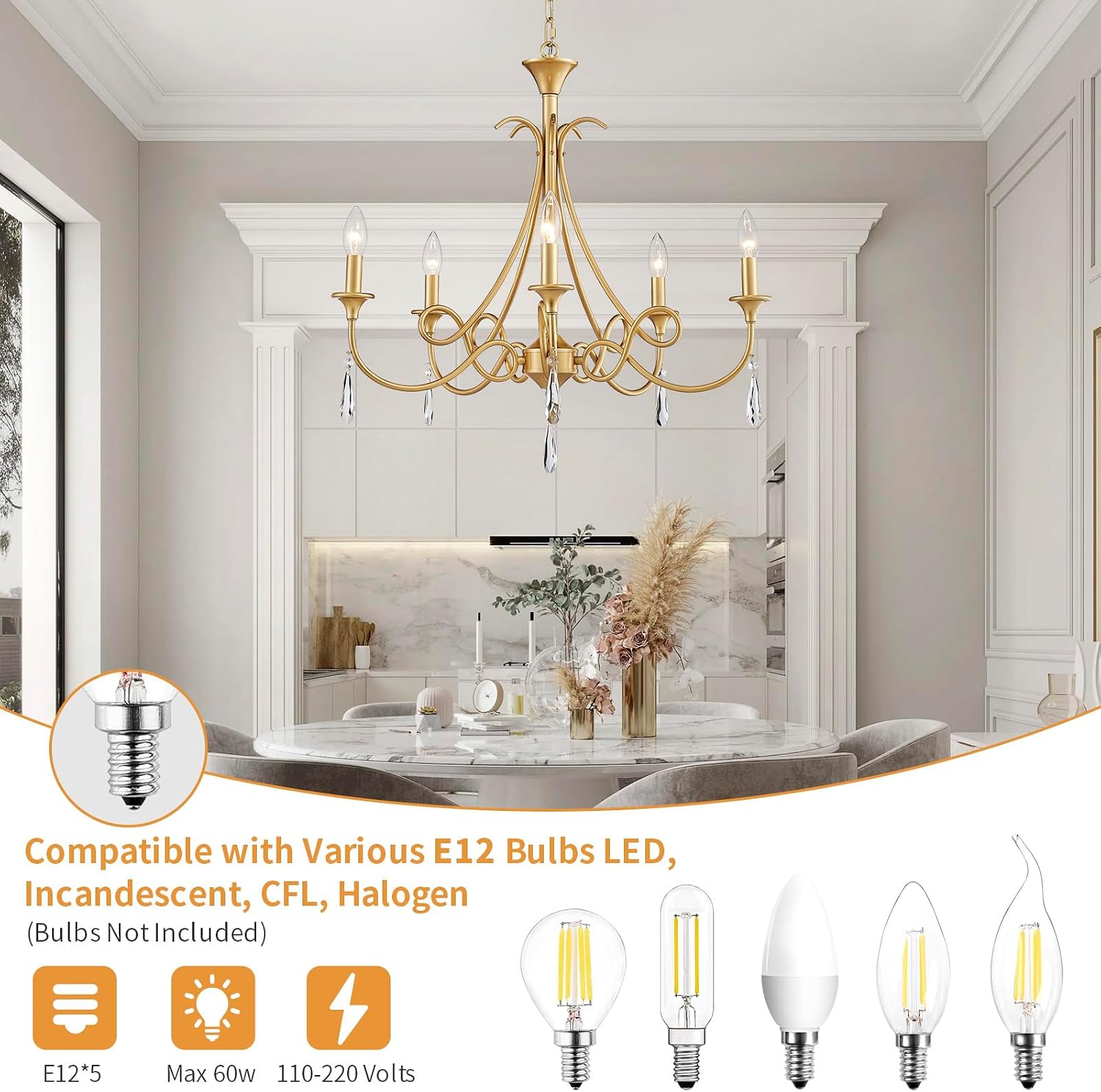 5-Light Farmhouse Chandeliers for Dining Room Lighting Fixtures Hanging, Rustic Gold Candle Modern Chandelier Vintage Hanging Ceiling Lamp for Bedroom Kitchen Island Living Room Entryway Foyer, Gold