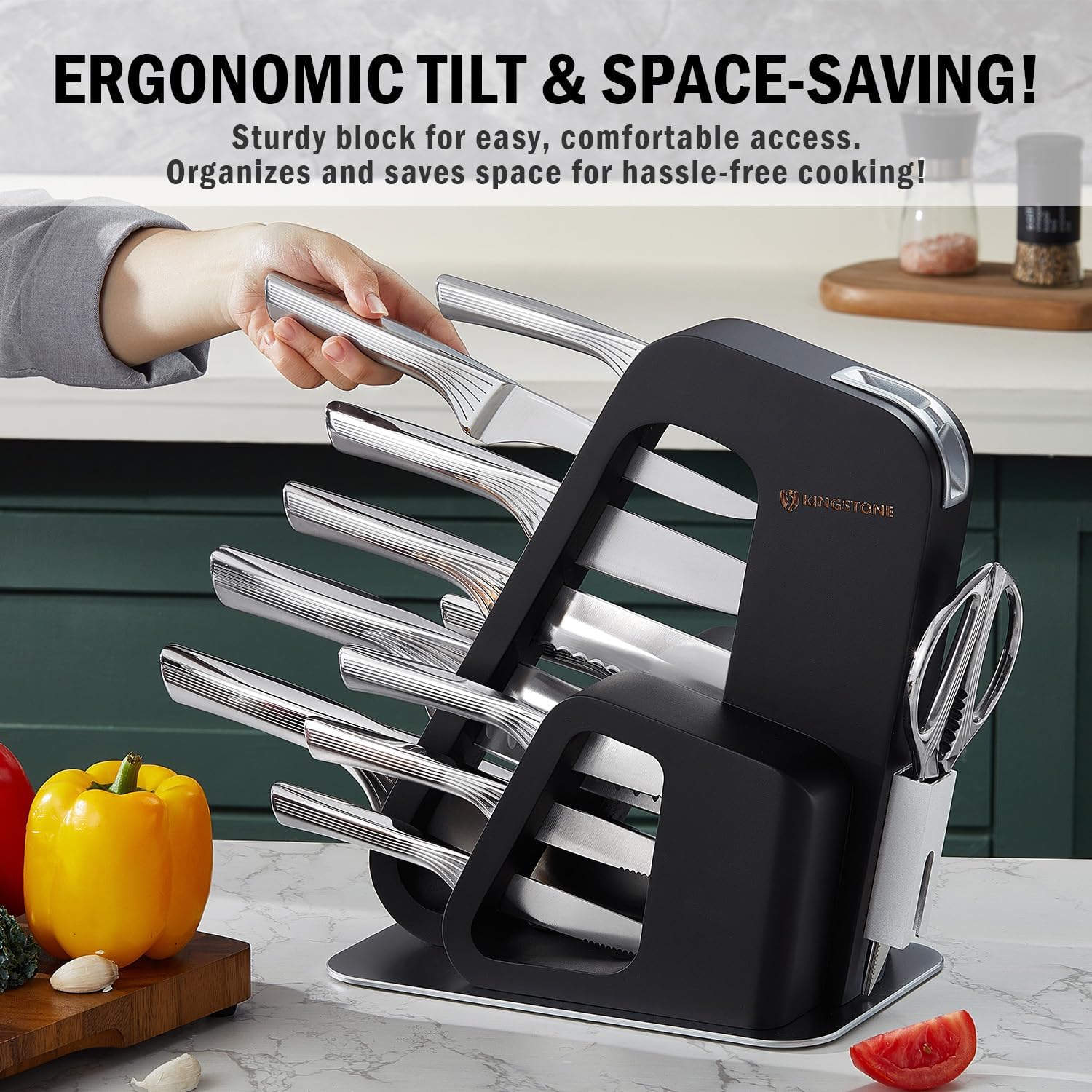KINGSTONE 14 Pcs Kitchen Knife Set with Block, German Stainless Steel Knife Set with Built-in Sharpener, Dishwasher Safe Knife Block Set (Black, 14pcs)