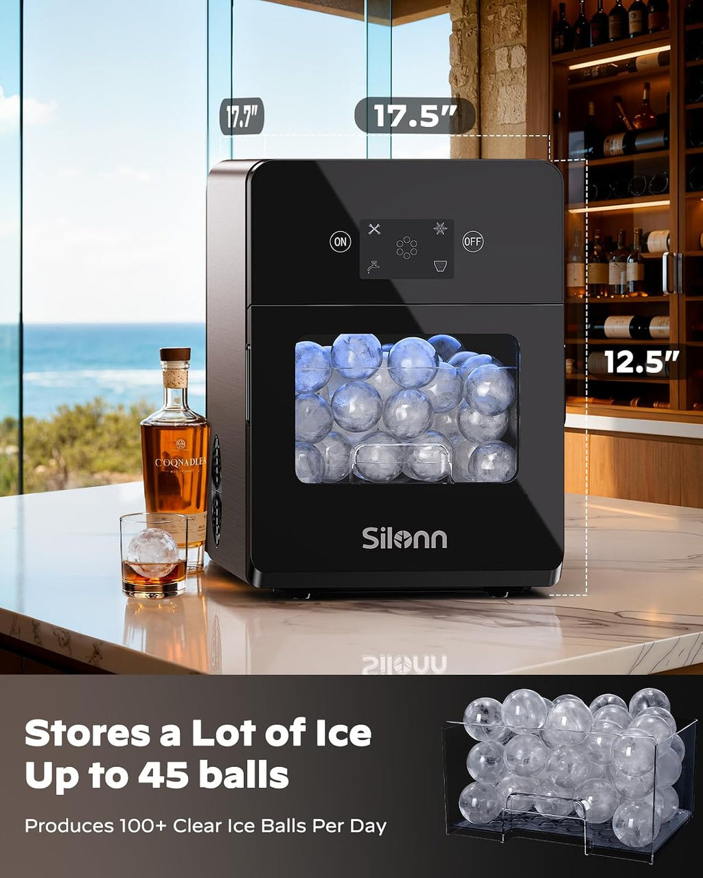 Silonn 2' Sphere Clear Ice Maker Countertop, Slow-Melting Crystal Ice Balls for Whiskey, 4 Pcs in 35 Mins / 144 Pcs/Day, Rapid Sphere Technology, One-Click Self-Cleaning, Ideal for Bourbon