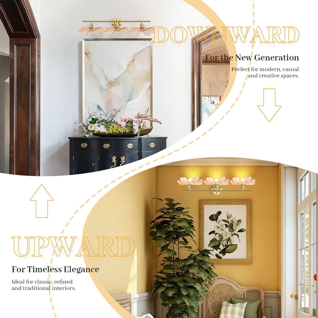 3 Light Bathroom Vanity Lighting, Gold Brass Wall Mount Light with Amber Flower Petal Glass Shade, Mid Century Vanity Lights Over Mirror for Living Room Hallway