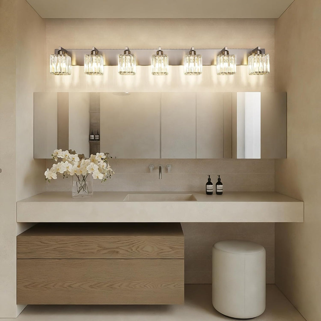 Aipsun Brushed Nickel Bathroom Light Fixtures Crystal Vanity Lighting Fixture Modern Bathroom Vanity Light 7 Light (Exclude Bulb)