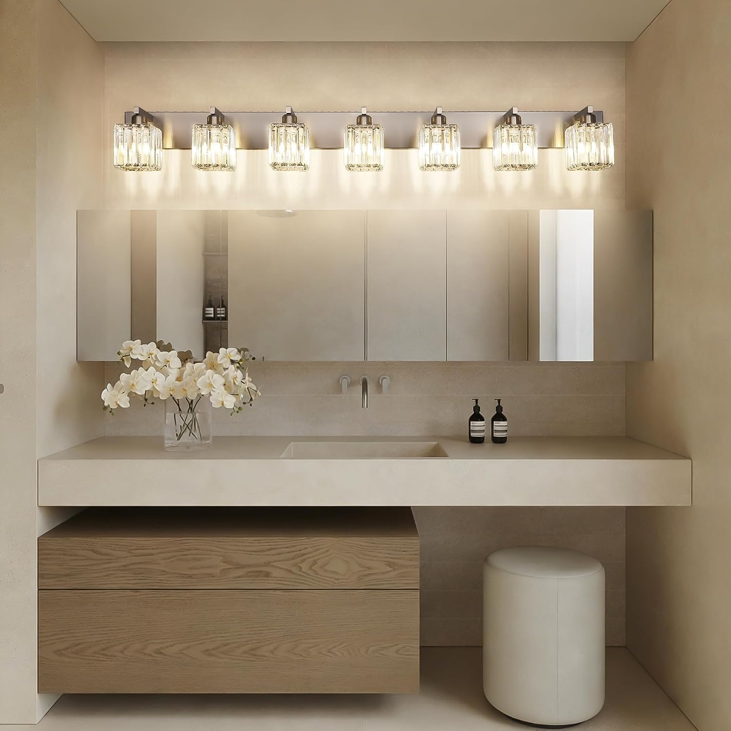 Aipsun Brushed Nickel Bathroom Light Fixtures Crystal Vanity Lighting Fixture Modern Bathroom Vanity Light 7 Light (Exclude Bulb)