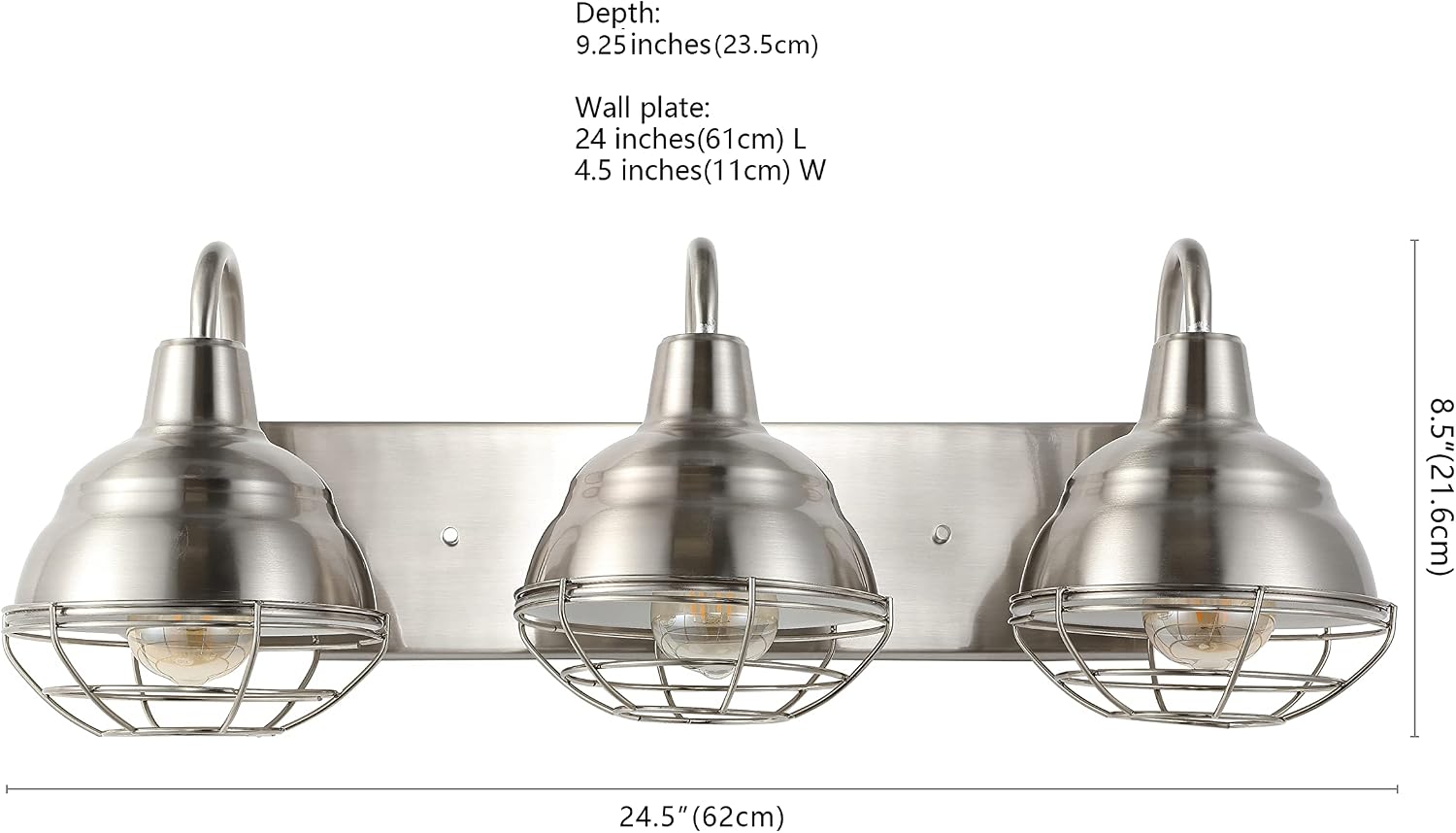 JONATHAN Y 24.5' Nickel 3-Light Industrial Farmhouse Vanity Light for Bathroom Mirror, Rustic Metal Wall Sconce Fixture, Iron Caged Shade, LED Bulbs Included (JYL1120B)