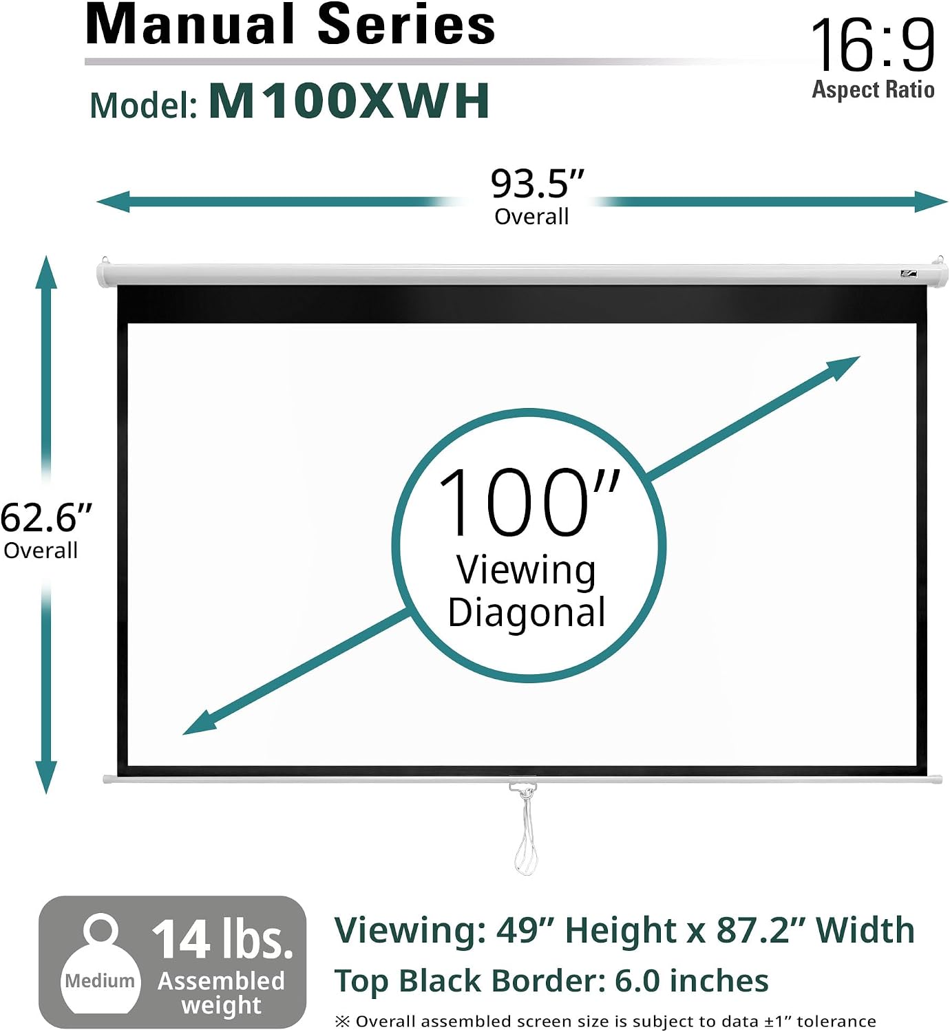Elite Screens Manual Series, 100-INCH 16:9, Pull Down Manual Projector Screen with AUTO Lock, Movie Home Theater 8K / 4K Ultra HD 3D Ready, 2-Year Warranty (100' / 16:9)