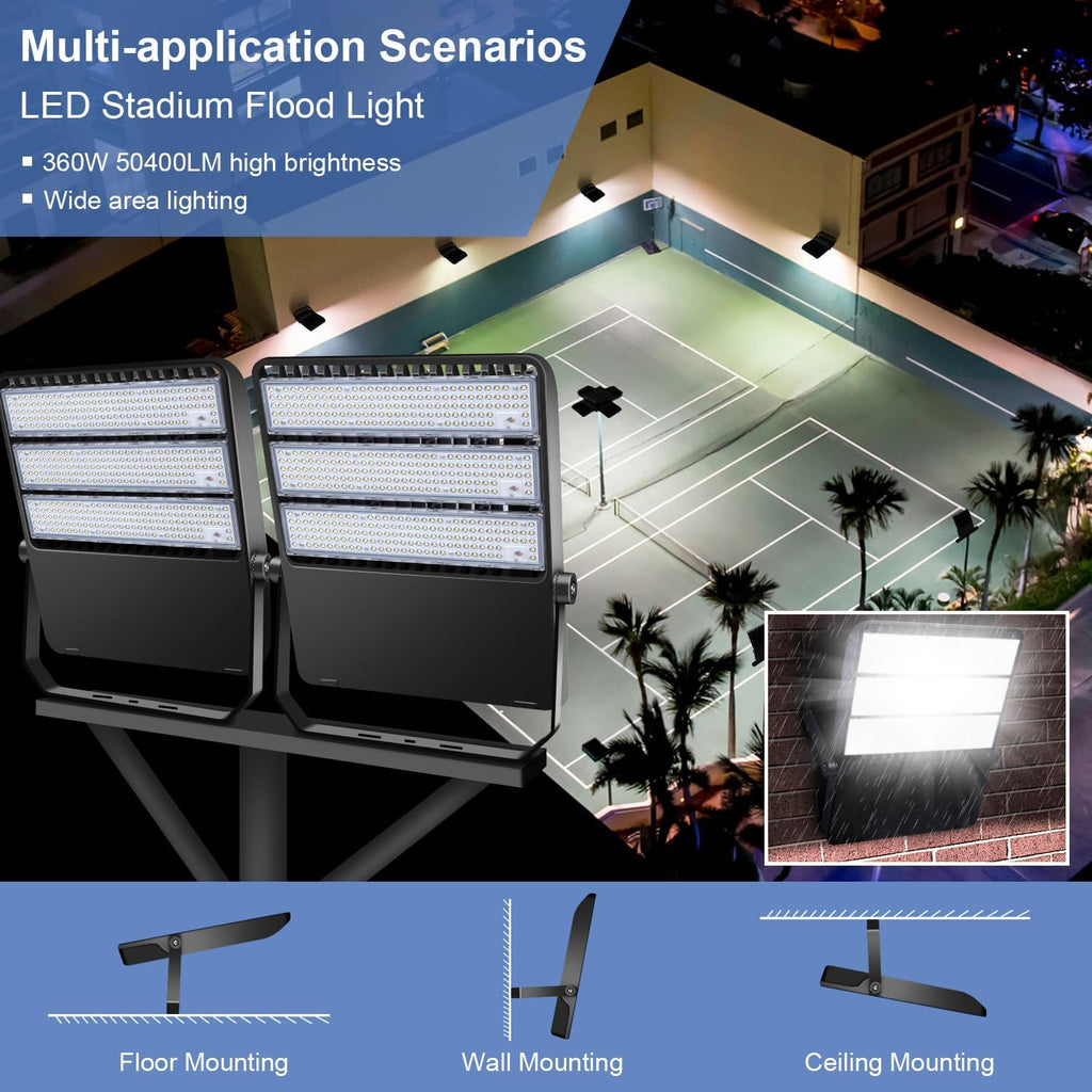 Outdoor LED Stadium Flood Lights 2400W Equivalent Super Bright 52200LM Wall Mount 360W Parking lot Commercial Lighting for Basketball Court, Arena, Barn 5500K 85-277V Waterproof Yard lamp