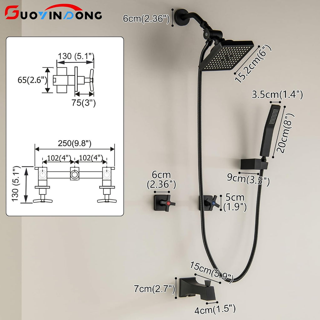 2 Handle Shower Faucet Set with Hand Shower Matte Black Two Handle Tub Shower Faucets Sets Wall Mounted Bathroom Bathtub Shower Trim Kit