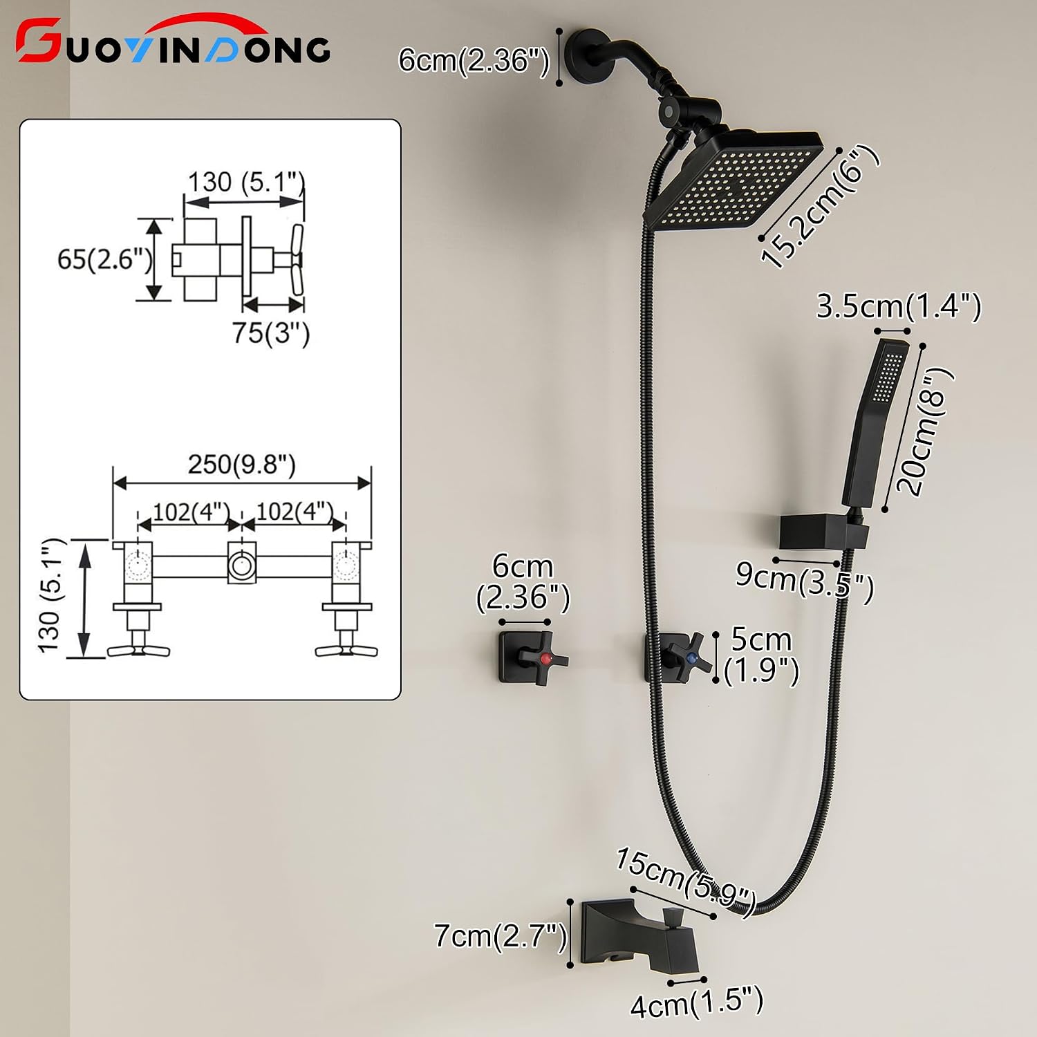 2 Handle Shower Faucet Set with Hand Shower Matte Black Two Handle Tub Shower Faucets Sets Wall Mounted Bathroom Bathtub Shower Trim Kit