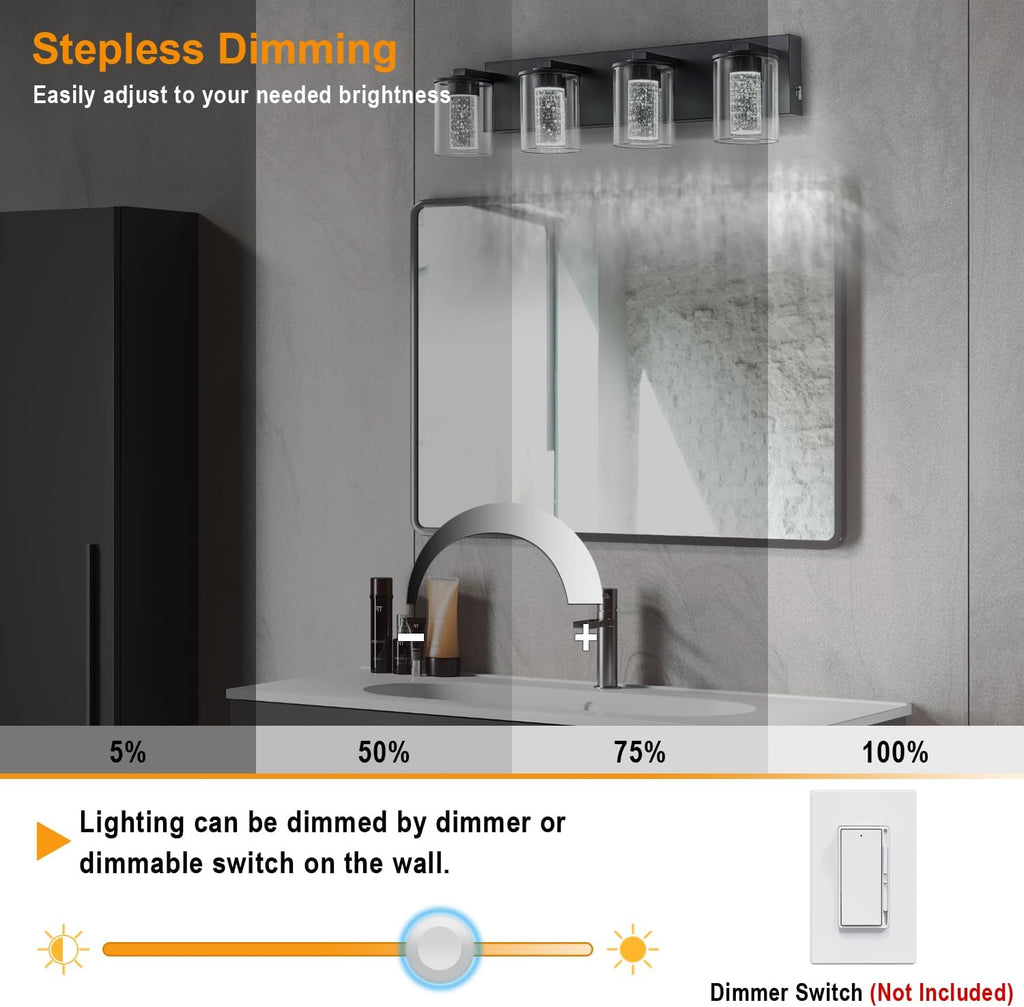 SineRise Black Vanity Light (4-Light, 24-Inch), (3000K/4000K/6000K, Dimmable), Eye Protection LED Bathroom Light Fixture, Modern Wall Light Over Mirror with Clear Glass Shade