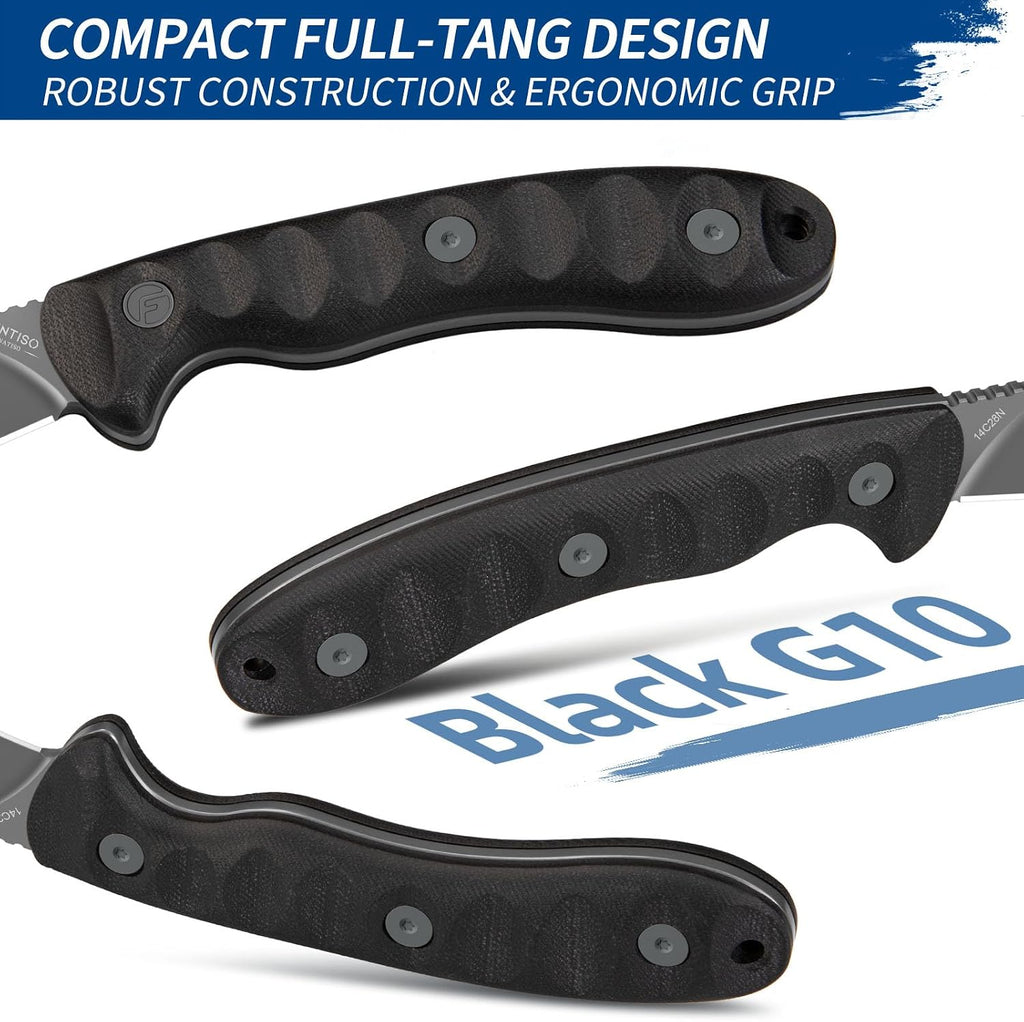 FINTISO Nazar Fixed Blade Knife with Kydex Sheath, 4.24' 14C28N Blade Black G10 Handles, Titanium-coated, Full Tang Design, Lanyard, for Men Outdoor Activities, Camping, Hiking, EDC Carry.