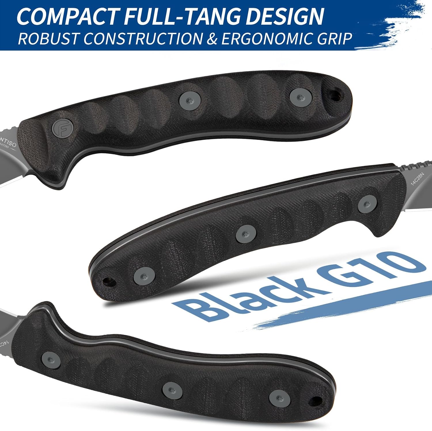 FINTISO Nazar Fixed Blade Knife with Kydex Sheath, 4.24' 14C28N Blade Black G10 Handles, Titanium-coated, Full Tang Design, Lanyard, for Men Outdoor Activities, Camping, Hiking, EDC Carry.