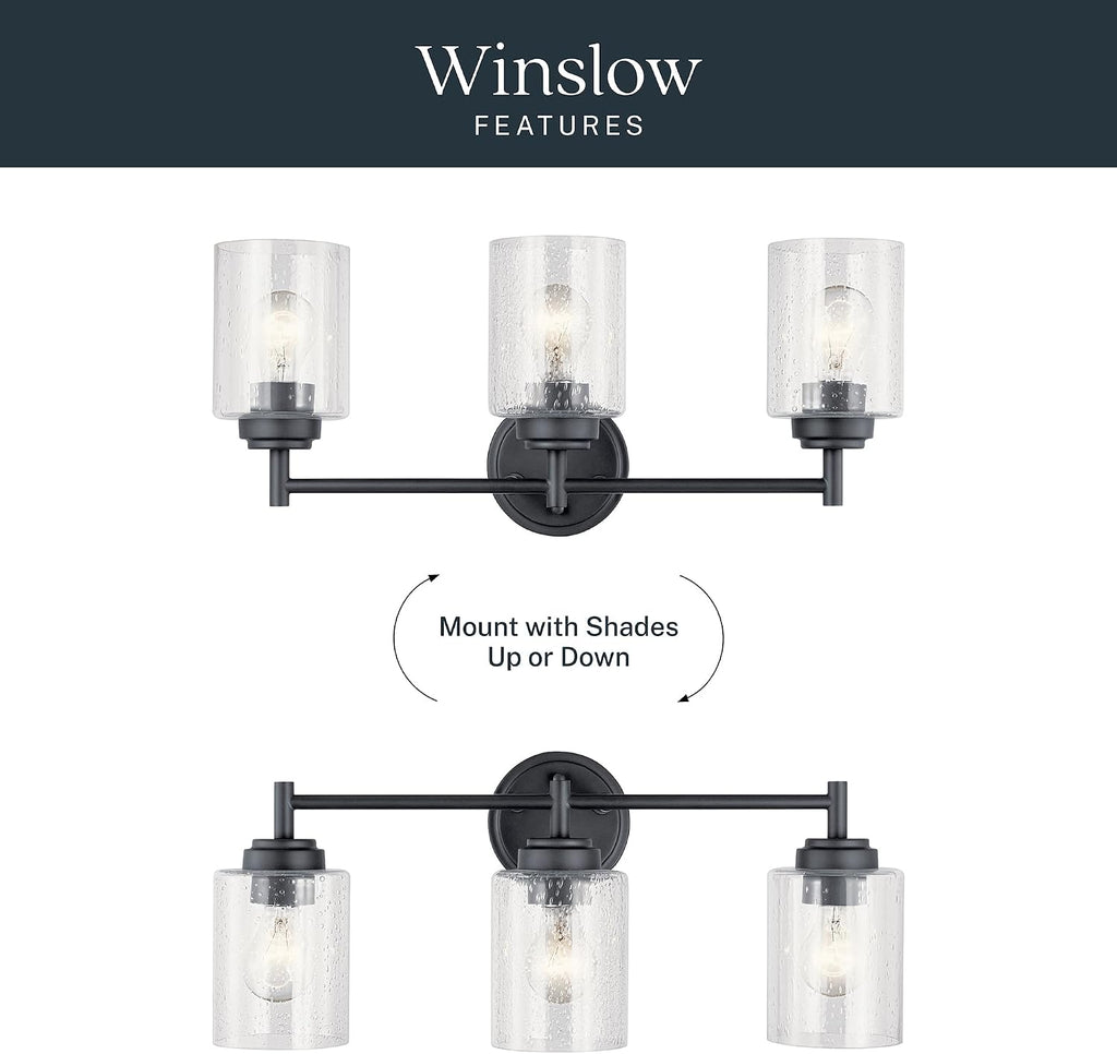 Kichler Winslow 21.5' 3-Light Bathroom Vanity Light Fixture with Clear Seeded Glass in Black, Modern Wall Mount Lighting for Mirror over Vanity in Bathroom, 45886BK