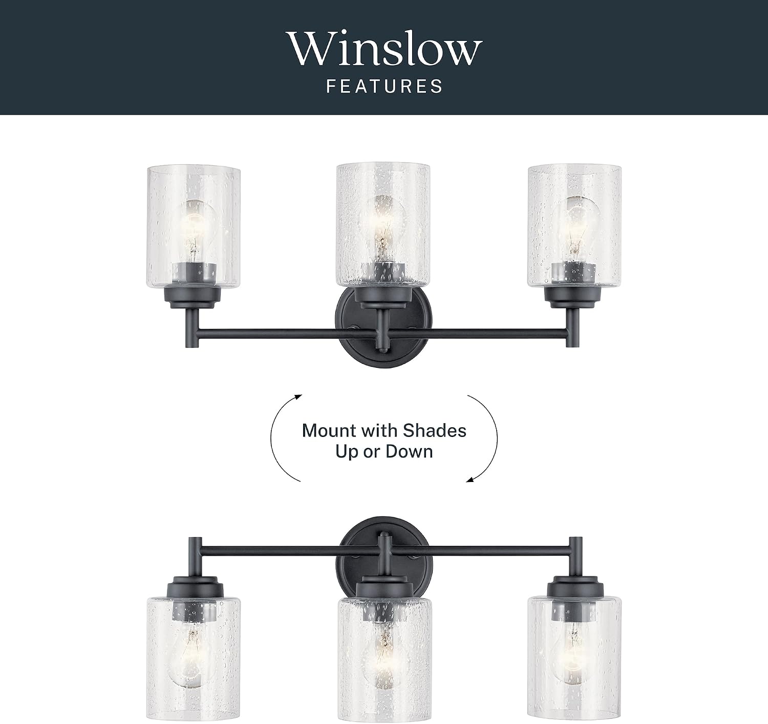 Kichler Winslow 21.5' 3-Light Bathroom Vanity Light Fixture with Clear Seeded Glass in Black, Modern Wall Mount Lighting for Mirror over Vanity in Bathroom, 45886BK