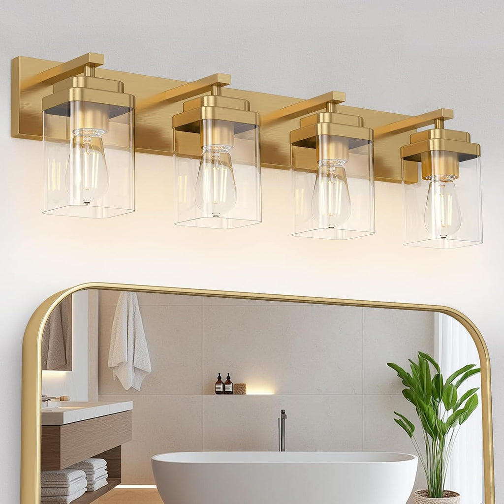 Brushed Gold Bathroom Light Fixtures, 4 Lights Bathroom Lighting Fixtures Over Mirror, Square Design & Rectangle Large Backplate, Modern Vanity Lighting Fixtures, for Living Room/Bedroom
