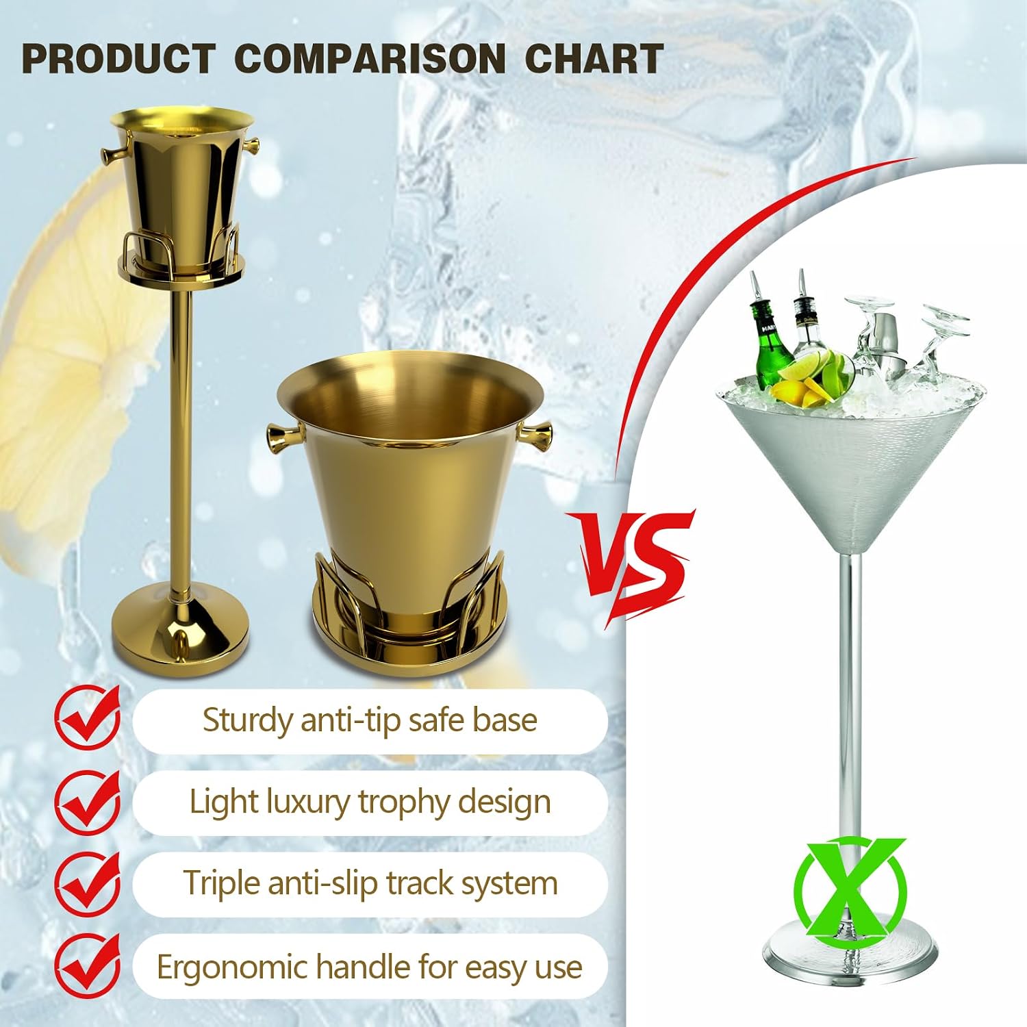 Champagne Bucket with Stand, Wine Bucket Stand with 5L Bucket, Stainless Steel Standing Ice Buckets for Bar, KTV, Hotel, Party, Gathering (Gold, 2 Packs)