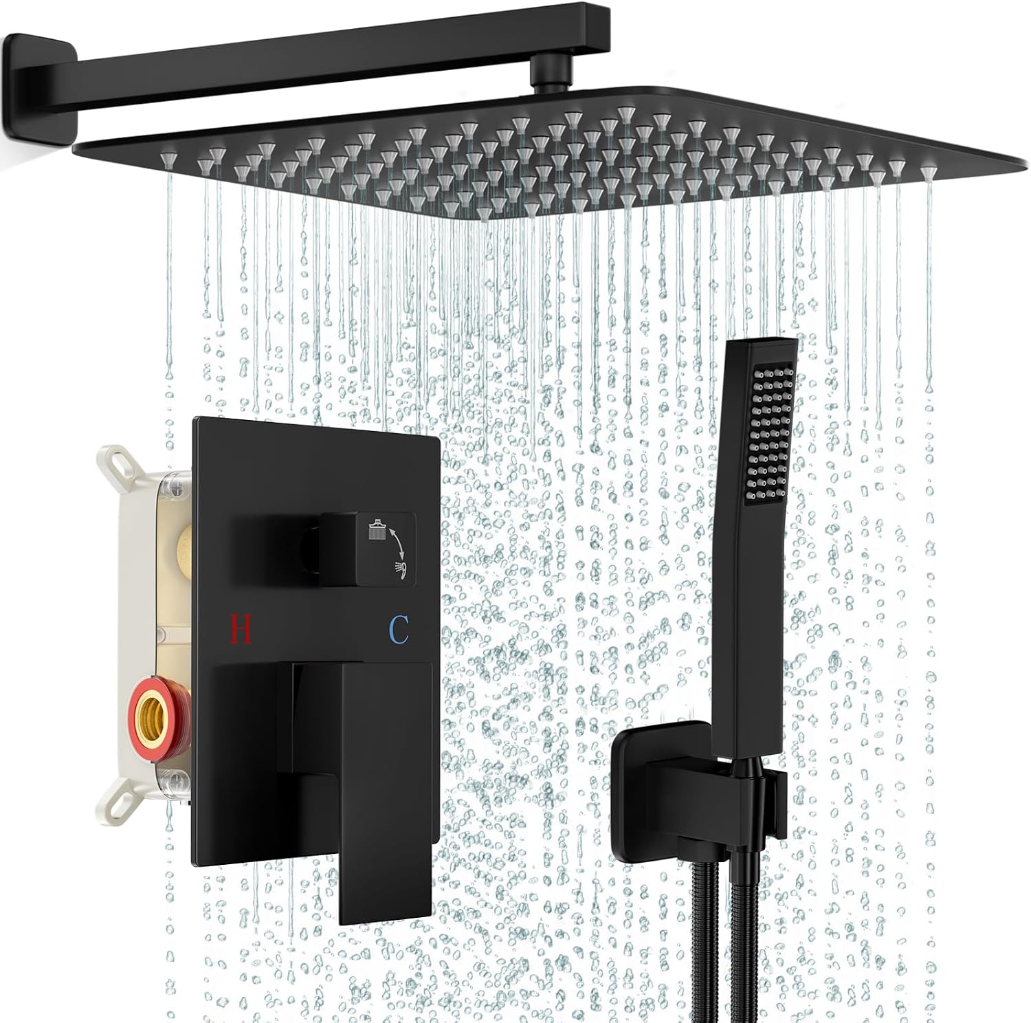 FPXRNG Shower Faucet Set Rainfall Shower System with Square Shower Head and Handle Set Rough-in Valve and Metal Trim Kit Included Matte Black 16 Inch Wall Mounted Shower Fixtures