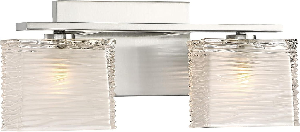 Quoizel Westcap Modern Vanity Lights, 2-Light, 15 Inch Brushed Nickel Bathroom Lighting Fixtures Over Mirror, Sandblasted Glass, G9 Bulb, Transitional Wall Light for Bathrooms, Kitchen or Hallway