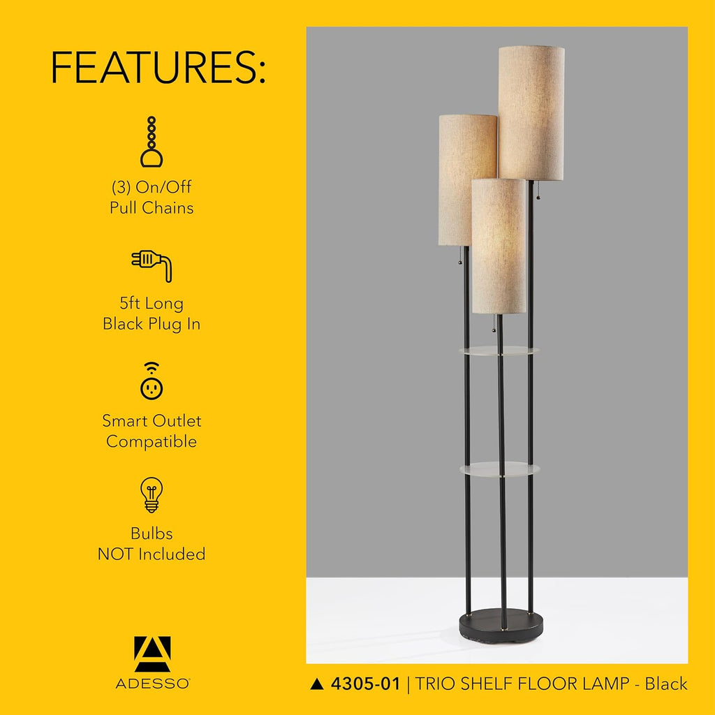 Adesso Trio Floor Lamp with Three Pull Chain Lights and Two-Tier Storage, Black Base, Brown Textured Fabric Shades, 68' Tall, Enhances Room Decor and Lighting