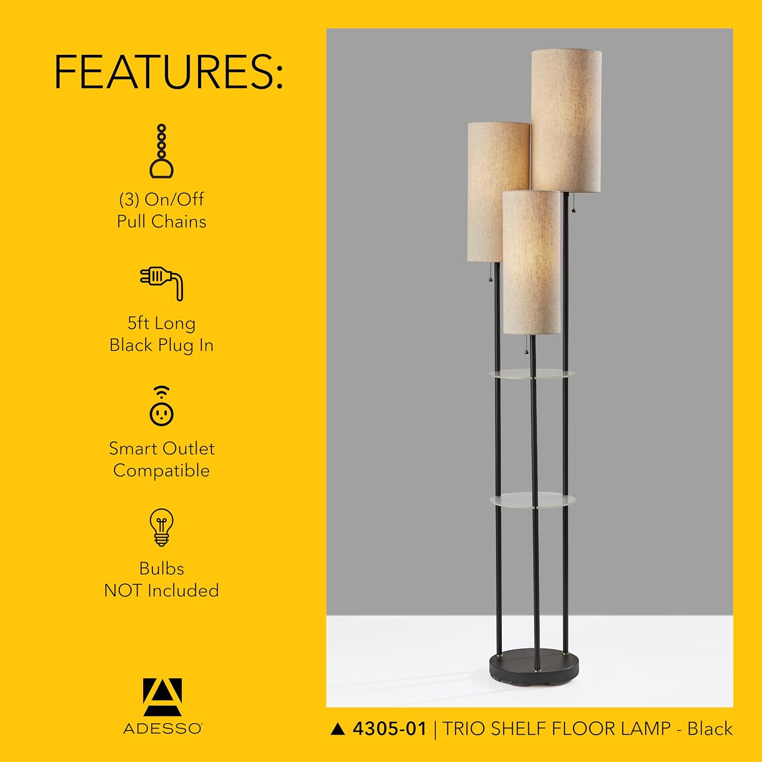 Adesso Trio Floor Lamp with Three Pull Chain Lights and Two-Tier Storage, Black Base, Brown Textured Fabric Shades, 68' Tall, Enhances Room Decor and Lighting