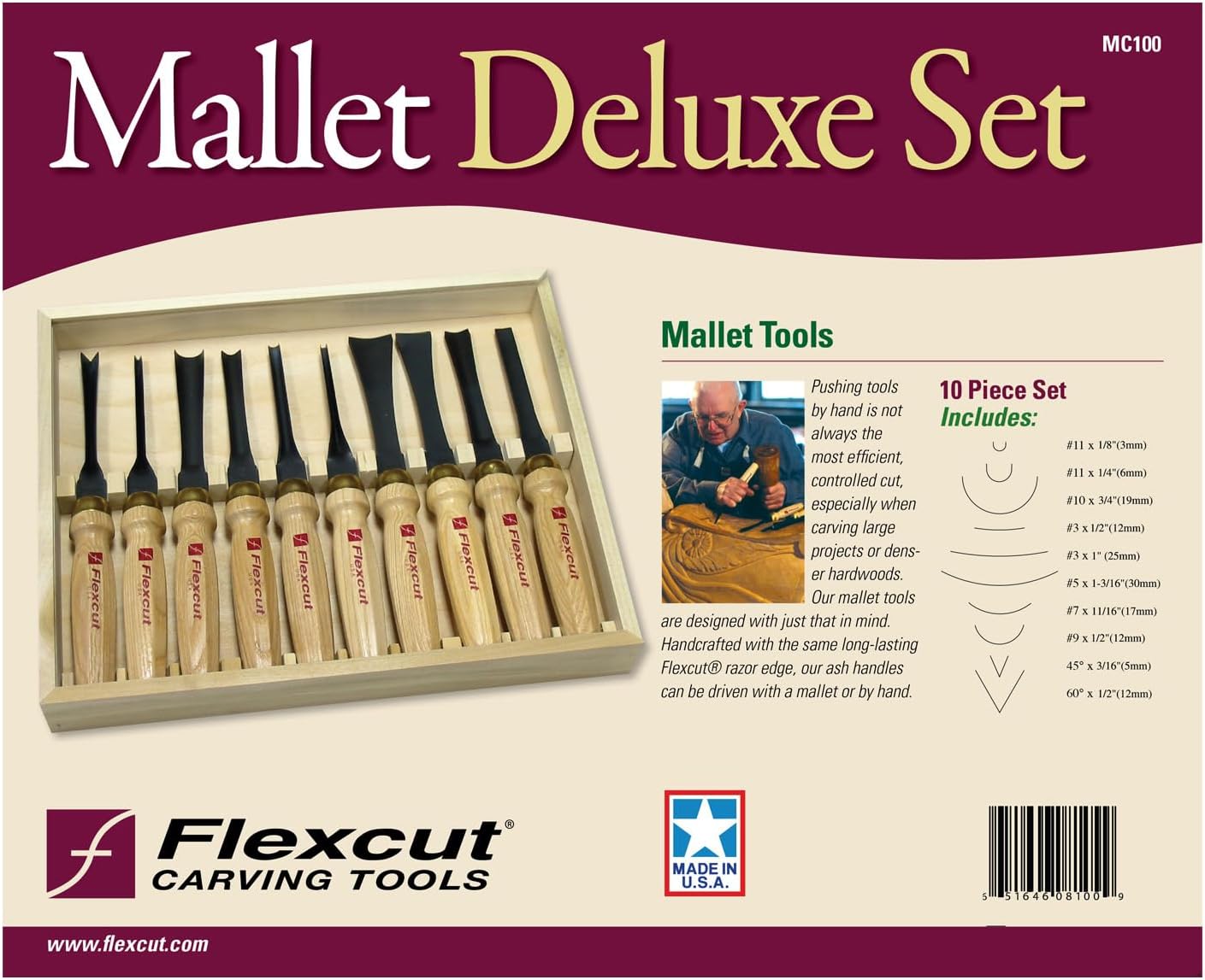 Flexcut Wood Carving Tools | Mallet Deluxe Set | 10-Piece Wood Carving Tools Set | 1095 High Carbon Steel Blades | Ash Hardwood Handles | MC100 | Made in the U.S.A.