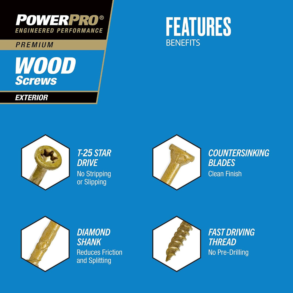 Power Pro Premium Exterior Wood Screws, #10 x 3 Inch All-Purpose Deck Screws for Outdoor Projects, T-25 Star Bit Included, Bronze, 1200 Pieces | 967780V4
