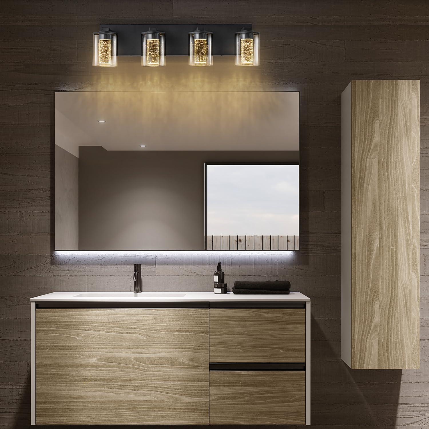 SineRise Black Vanity Light (4-Light, 24-Inch), (3000K/4000K/6000K, Dimmable), Eye Protection LED Bathroom Light Fixture, Modern Wall Light Over Mirror with Clear Glass Shade