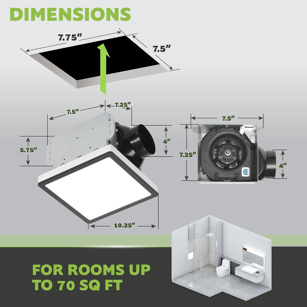 Homewerks 7105-10-MB Bathroom Fan with Light 70-CFM 1.0 Sone Square Ventilation Fan with Dimmable LED Light and Magnetic Trim Ring, Matte Black