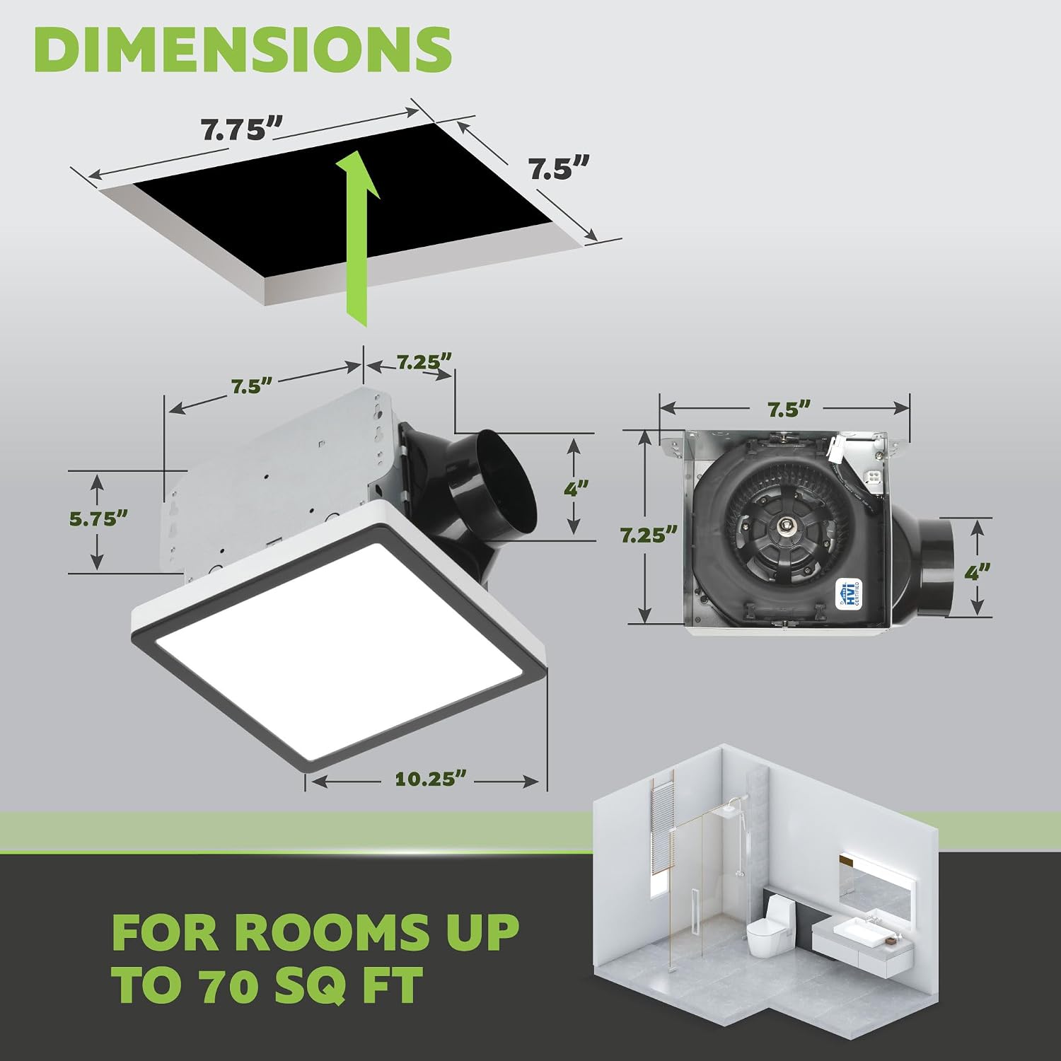 Homewerks 7105-10-MB Bathroom Fan with Light 70-CFM 1.0 Sone Square Ventilation Fan with Dimmable LED Light and Magnetic Trim Ring, Matte Black
