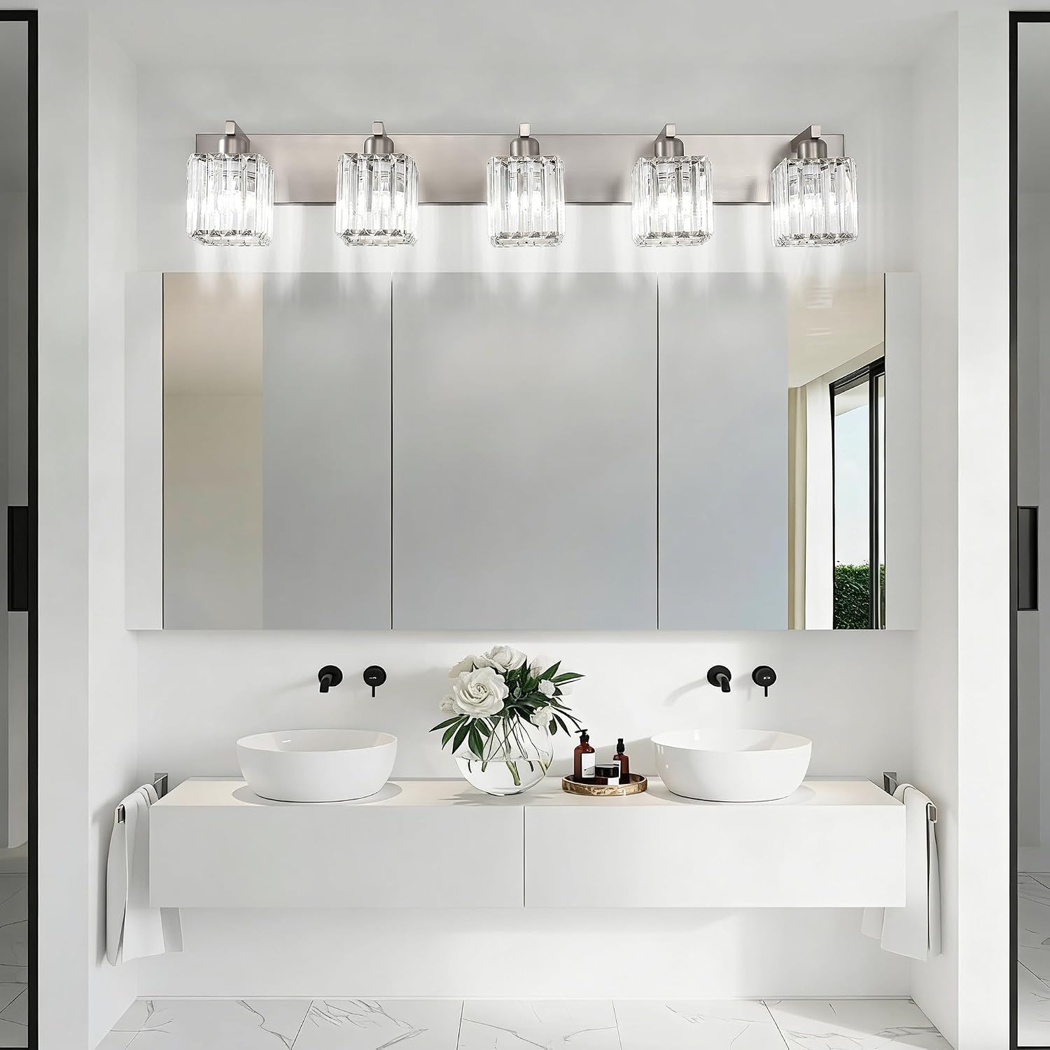 Aipsun Brushed Nickel Bathroom Lighting Fixtures 5 Light Vanity Light Crystal Modern Bathroom Vanity Light (Exclude Bulb)