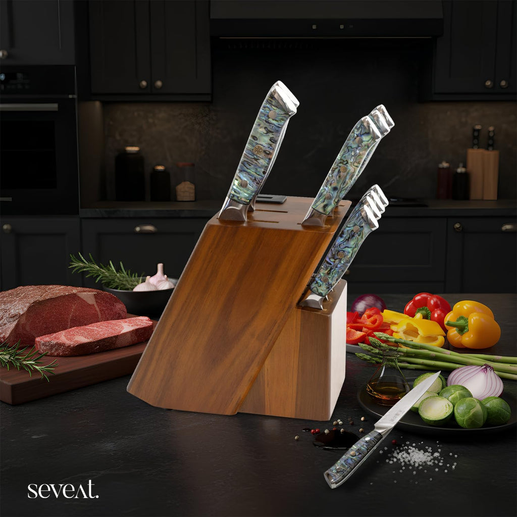 Damascus Kitchen Knife Set | 67-Layer Damascus Steel | Professional Chef Knives Set | Ergonomic Blue Shell Handle | Acacia Wood Magnetic Holder Included (Blue, 9-Piece Set)