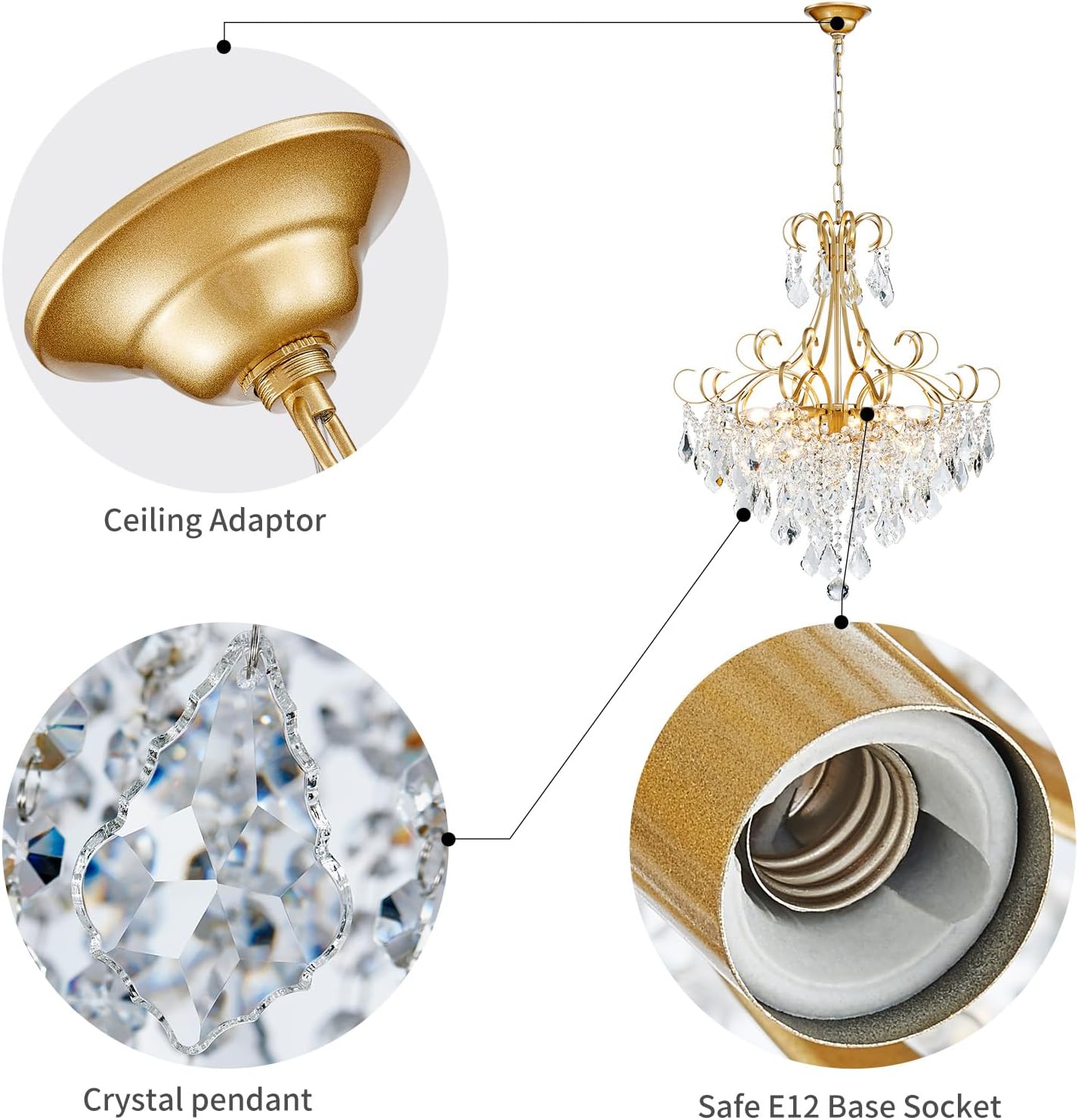 WUZUPS Crystal Chandelier 10-Light Pendant Ceiling Light Modern Lighting Fixture for Dining Room Hallway Bedroom Kitchen Bathroom, H 27.6' x W 22.8', E12 Base, Gold