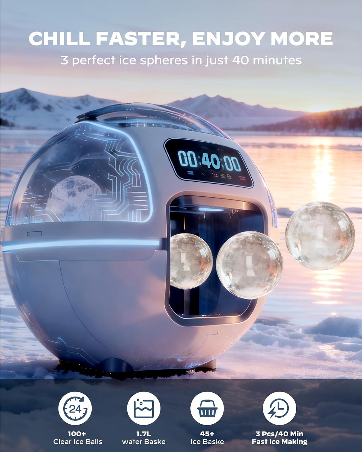 Silonn 2' Sphere Clear Ice Maker Countertop, Slow-Melting Crystal Ice Balls for Whiskey, 4 Pcs in 35 Mins / 144 Pcs/Day, Rapid Sphere Technology, One-Click Self-Cleaning, Ideal for Bourbon