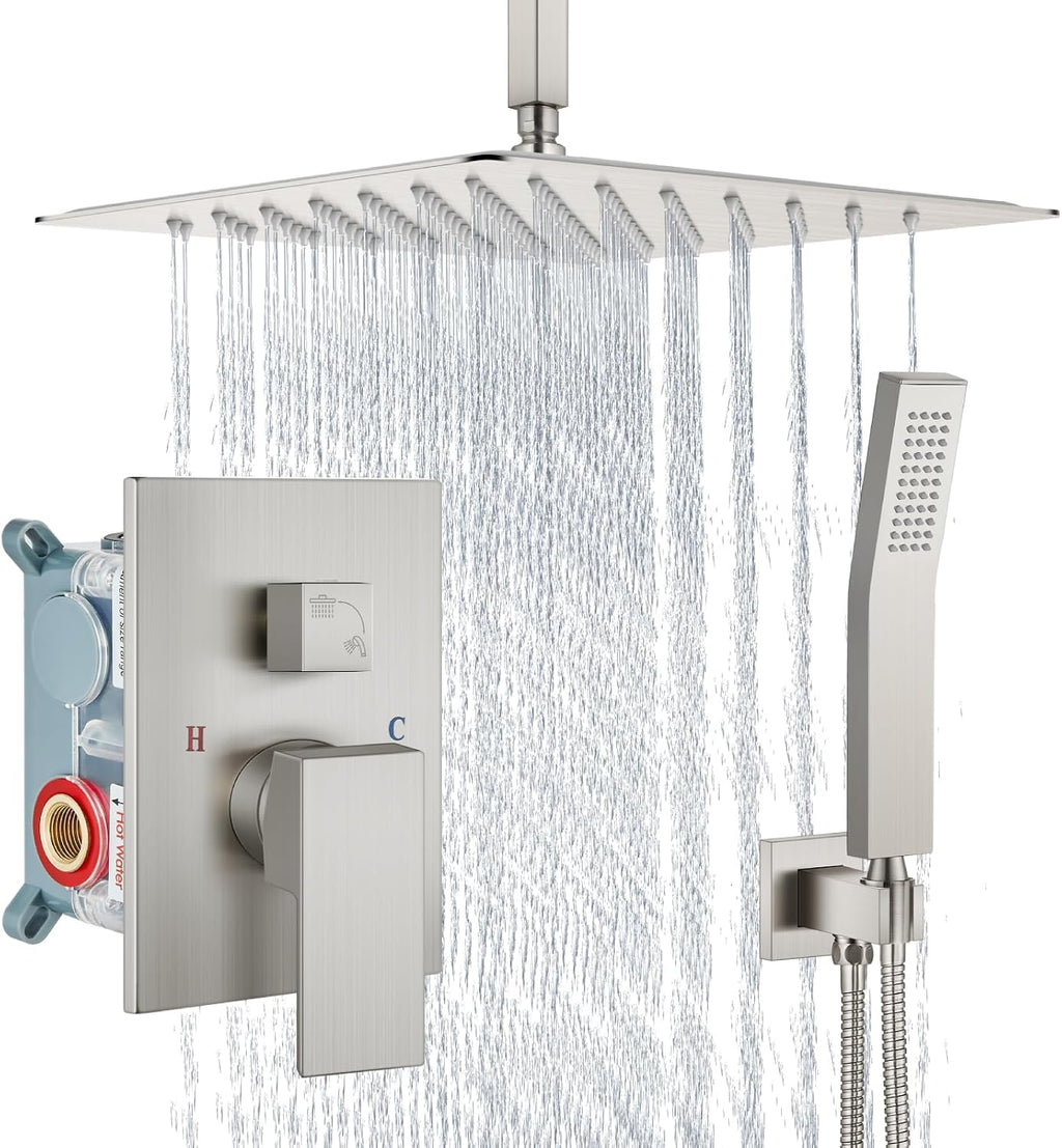 Aolemi Ceiling Mount Shower System Rain Shower Head with Handheld Spray High Pressure Shower Faucet Set Rough-in Valve Shower Trim Kit Included Bathroom Brushed Nickel 16 Inch Ceiling Shower Head