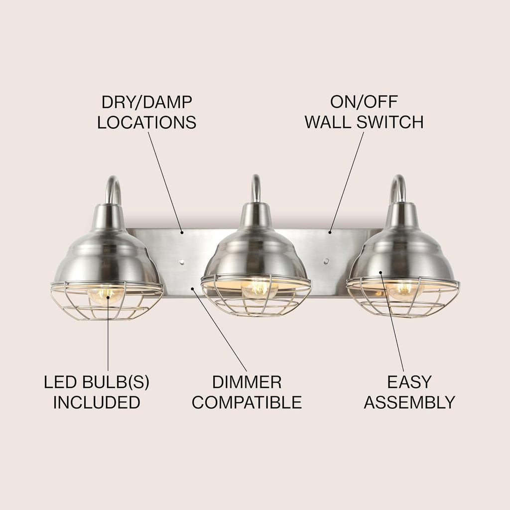 JONATHAN Y 24.5' Nickel 3-Light Industrial Farmhouse Vanity Light for Bathroom Mirror, Rustic Metal Wall Sconce Fixture, Iron Caged Shade, LED Bulbs Included (JYL1120B)