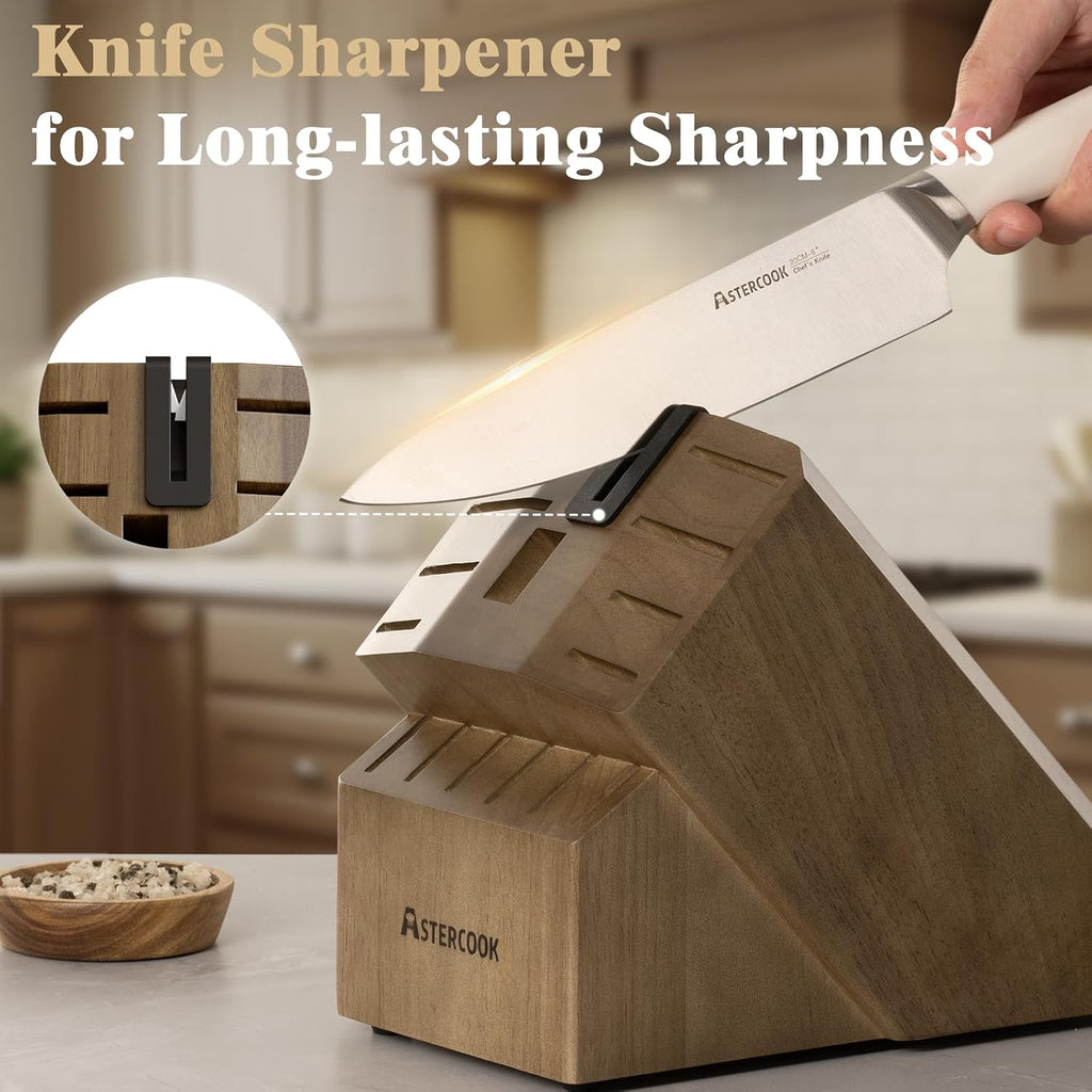 Astercook Knife Set Kitchen with Block and Sharpener Premium Full Tang 17 Pcs German Stainless Steel Knives Dishwasher Safe Kitchen Utensils Set with with and Anti-slip Ergonomic Handle, Cream White