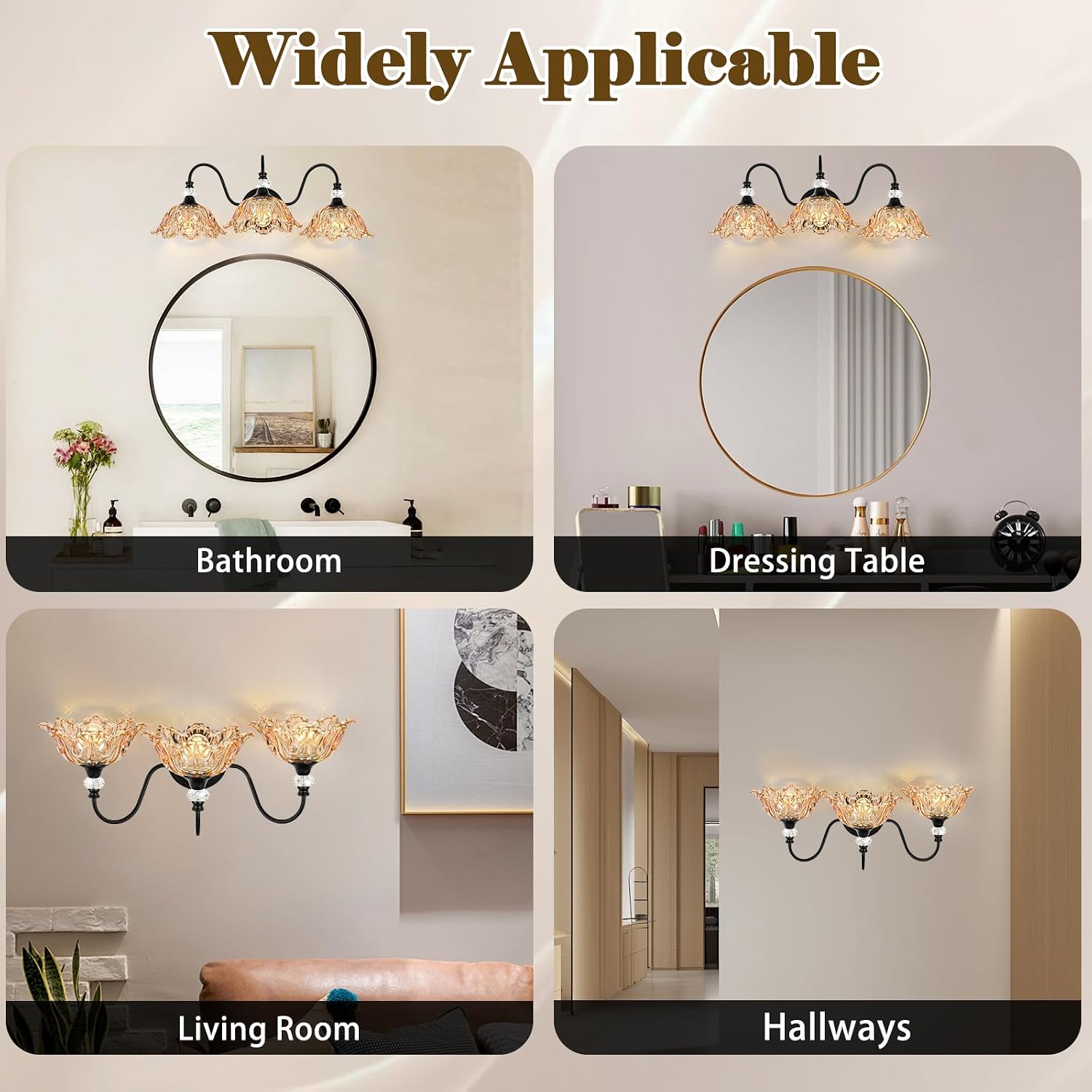 Black Bathroom Vanity Light,3-Light Vanity Light with Floral Amber Glass Shades,Vintage Farmhouse Wall Mount Lighting for Bathroom, Dressing Table