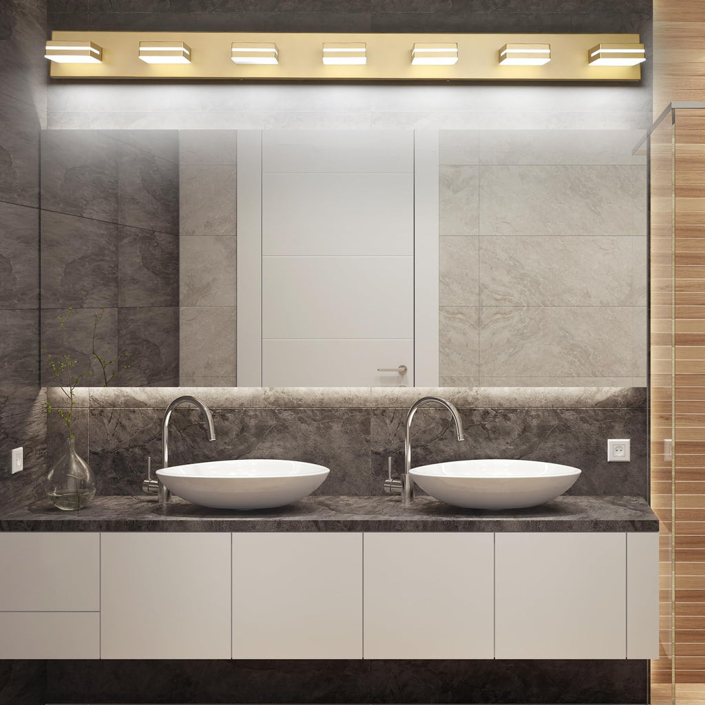 SineRise LED Modern Bathroom Vanity Light Fixtures (7-Light, 55-Inch, Dimmable), Gold Modern Acrylic Bathroom Wall Lighting Fixtures Over Mirror (Cool White 6000K)