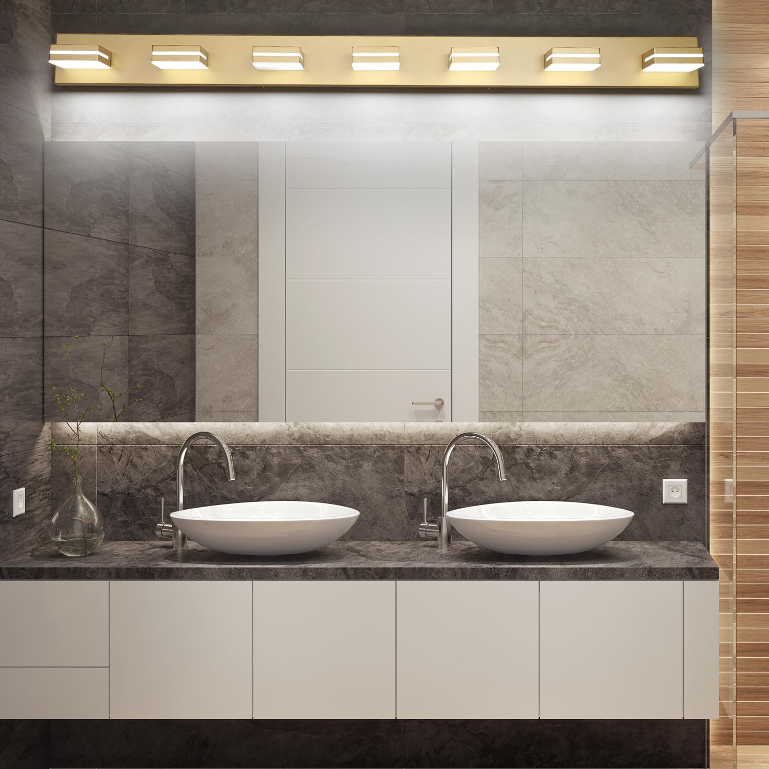 SineRise LED Modern Bathroom Vanity Light Fixtures (7-Light, 55-Inch, Dimmable), Gold Modern Acrylic Bathroom Wall Lighting Fixtures Over Mirror (Cool White 6000K)