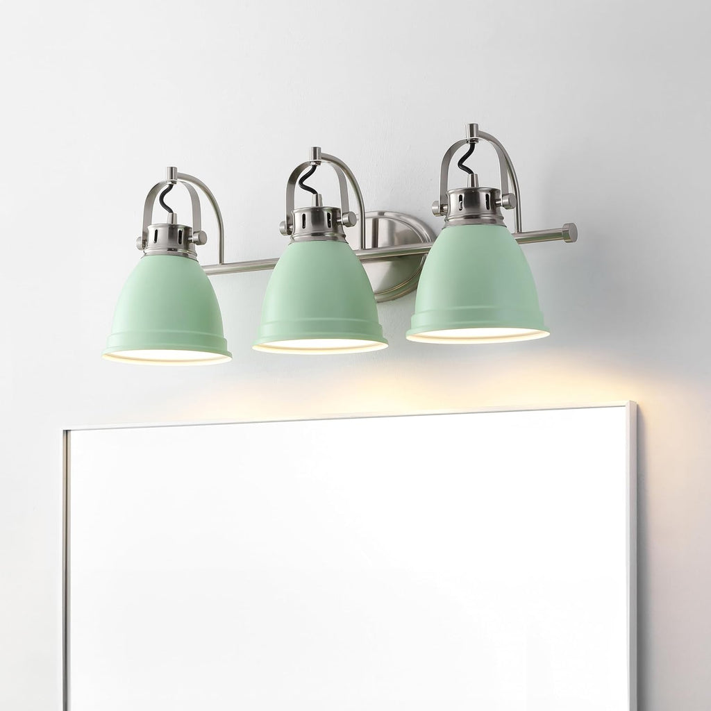 JONATHAN Y 25.5' Mint Green/Nickel 3-Light LED Vanity Light, Adjustable Wall Sconce for Bathroom Mirror, Farmhouse Bohemian Kitchen Light, Iron Black Bell Shade (JYL1116C)